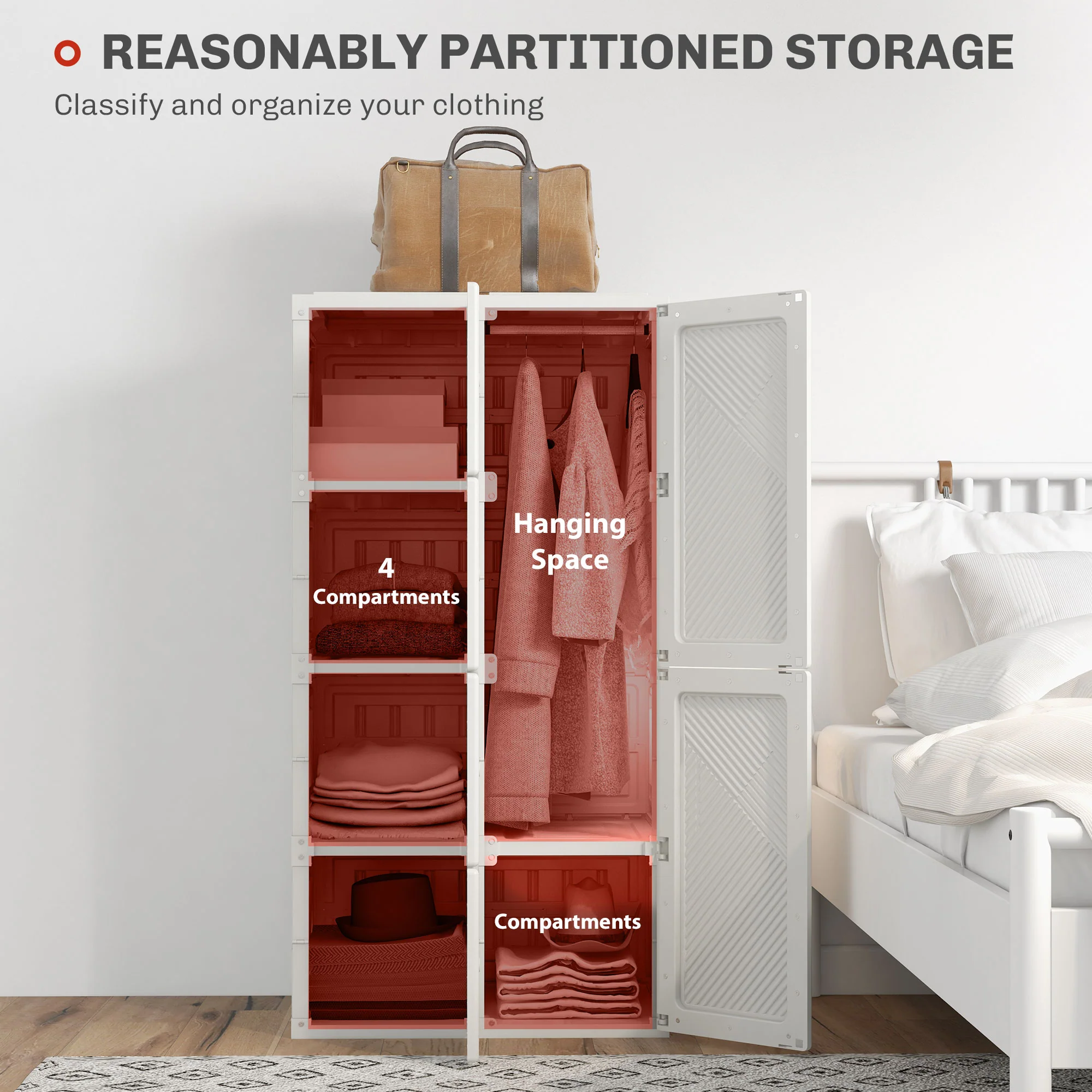 5-Cube Foldable Wardrobe, Portable Closet Cabinet with 2 Hanging Rods Magnet Doors, White - Image 6