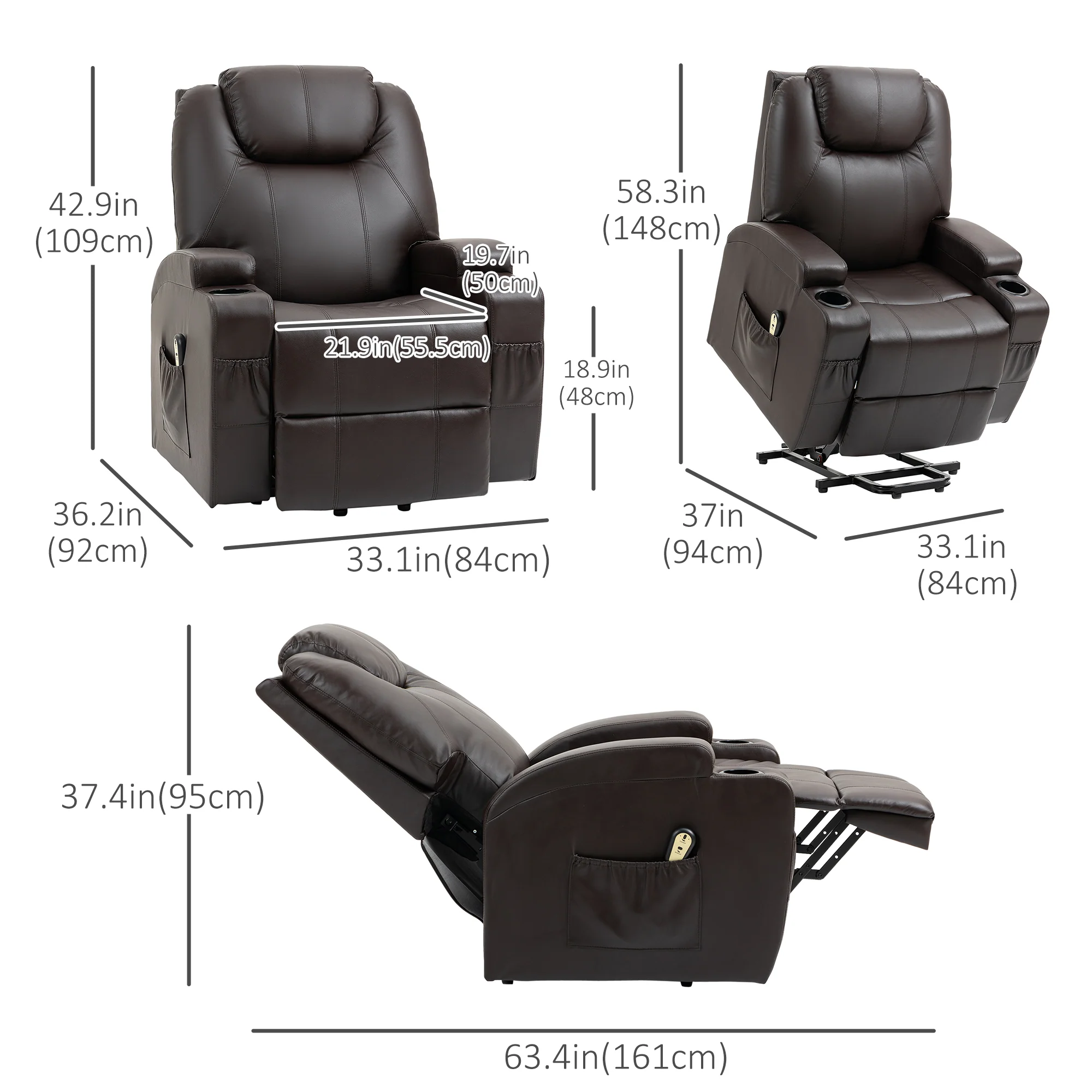 PU Leather Power Lift Recliner for Small Spaces with Cup Holders and Remote Control Brown - Image 5