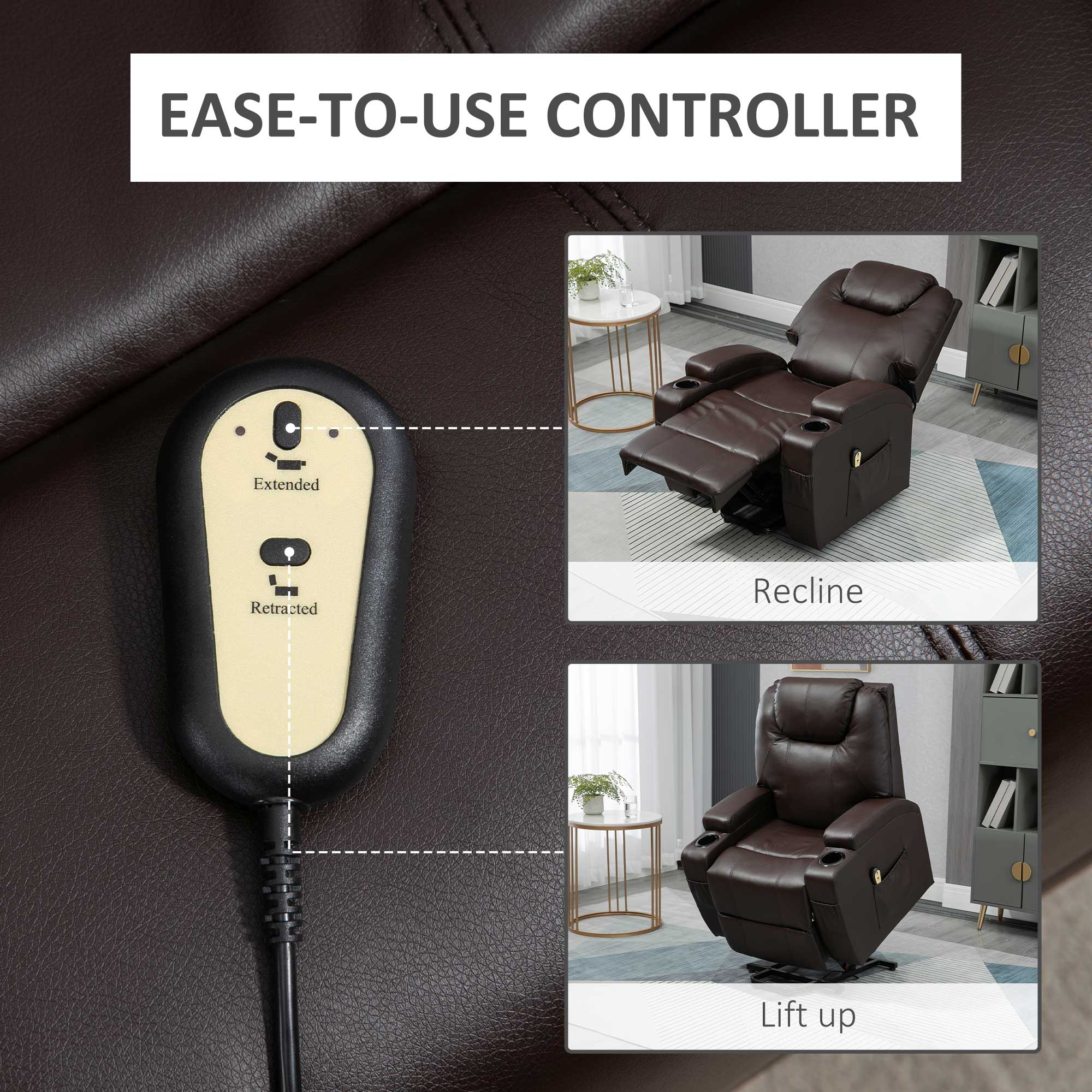 PU Leather Power Lift Recliner for Small Spaces with Cup Holders and Remote Control Brown - Image 8