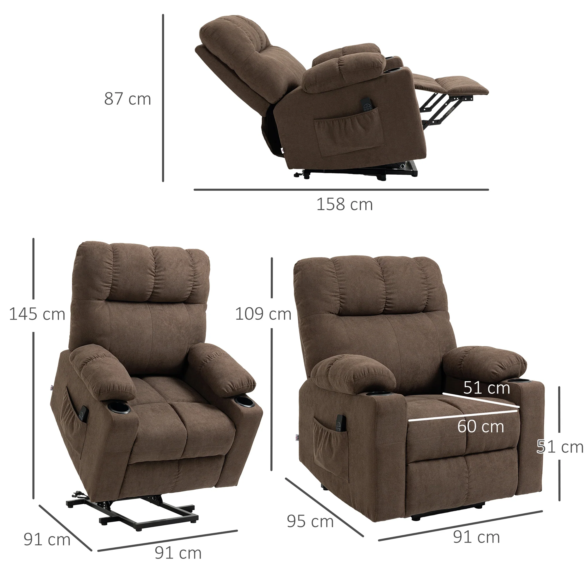 Power Lift Chair with Vibration Massage & Heat, Velvet-touch Fabric Recliner Chair, Dark Brown - Image 5
