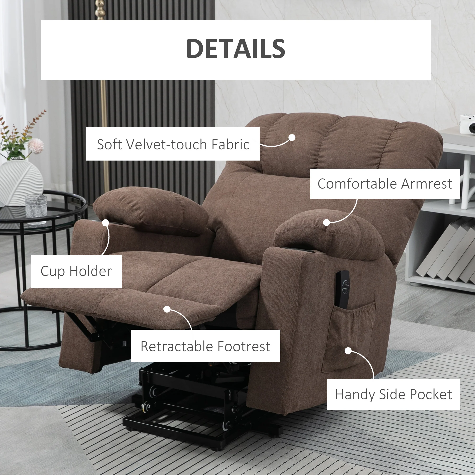 Power Lift Chair with Vibration Massage & Heat, Velvet-touch Fabric Recliner Chair, Dark Brown - Image 9