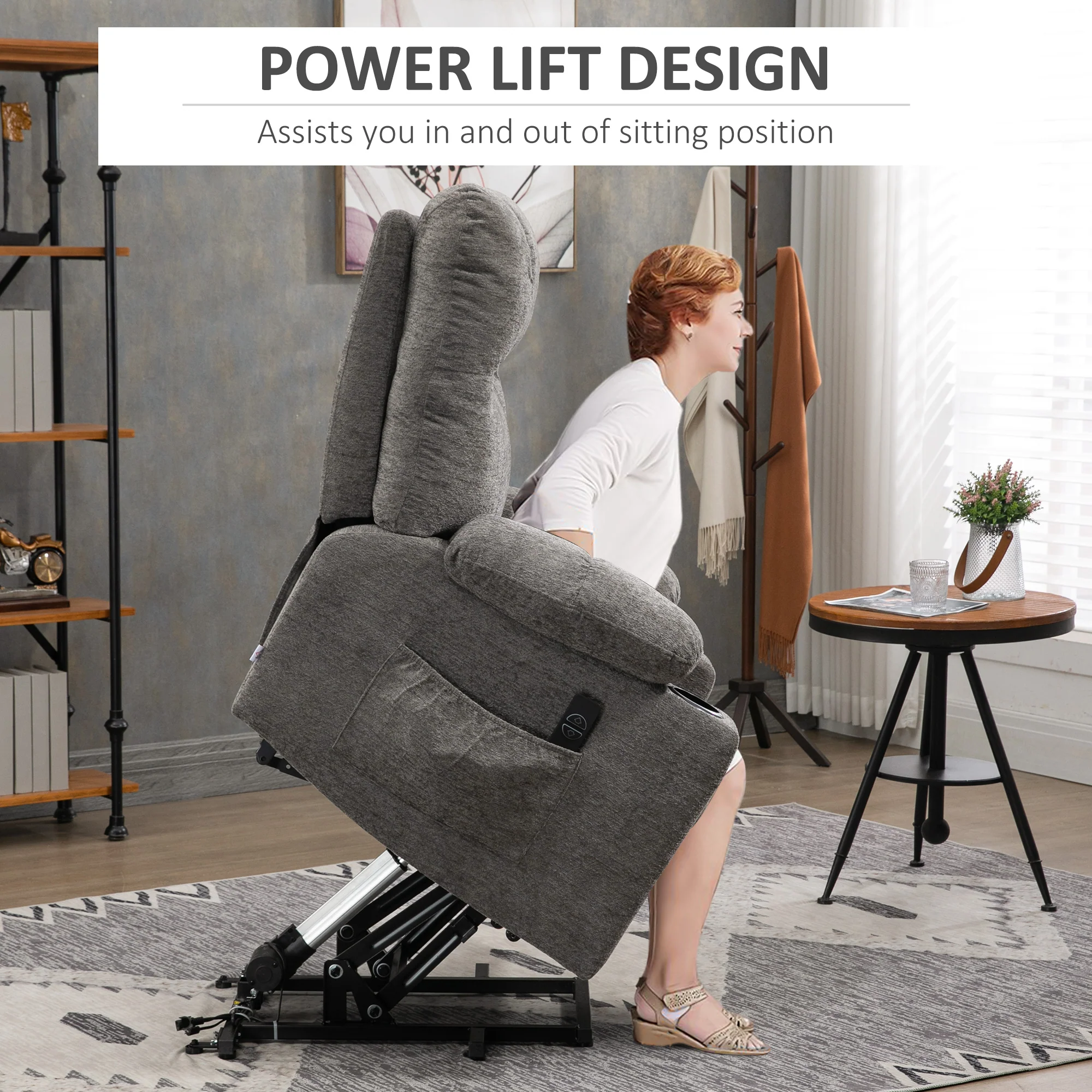 Velvet-touch Fabric Recliner Power Lift Chair w/ 135° Reclining Back, Grey - Image 6