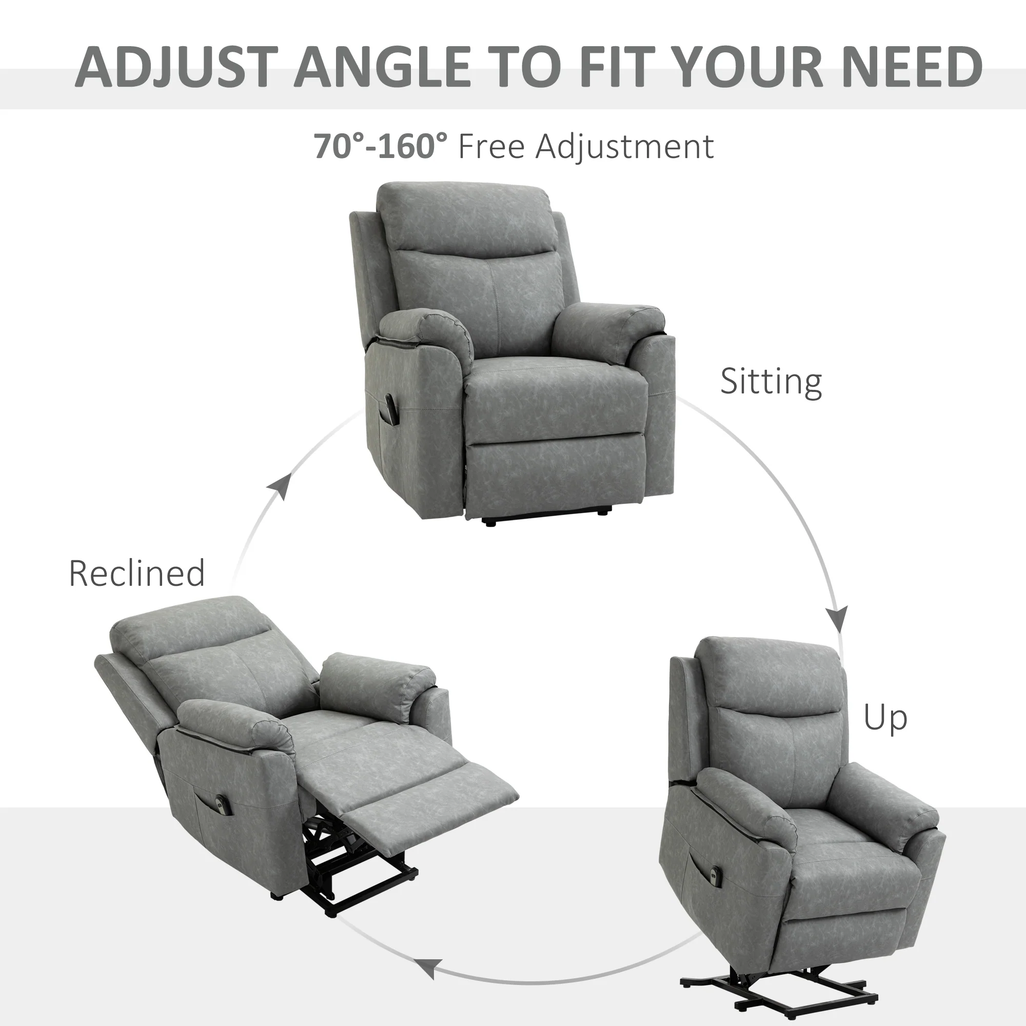 Power Lift Recliner Chair, Faux Leather Lift Chair with 8 Vibration Massage, Grey - Image 6