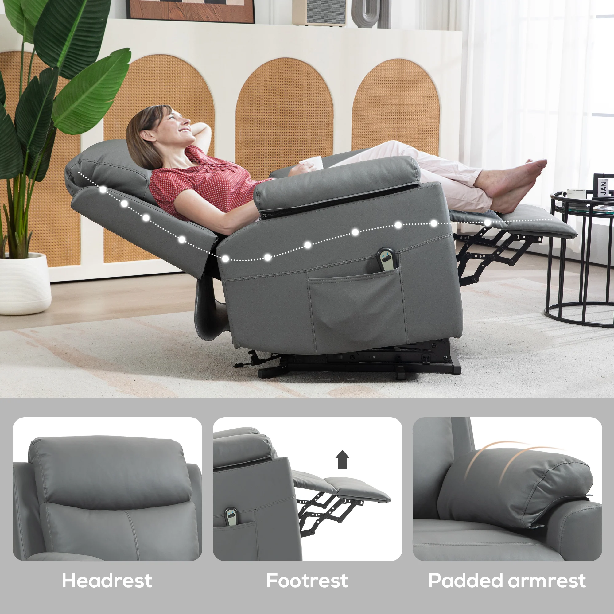 Power Lift Recliner Chair, Overstuffed Faux Leather Reclining Armchair, Charcoal Grey - Image 8