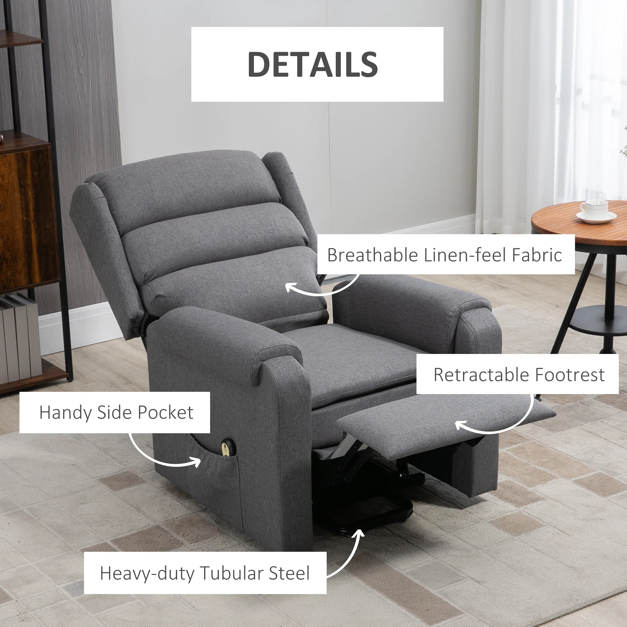 Fabric Heavy Duty Power Lift Recliner with Pockets, Dark Grey - Image 6