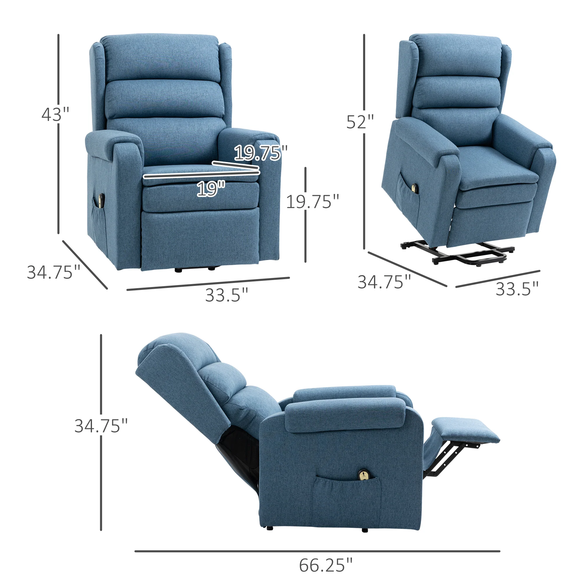 Fabric Heavy Duty Power Lift Recliner with Pockets, Blue - Image 5