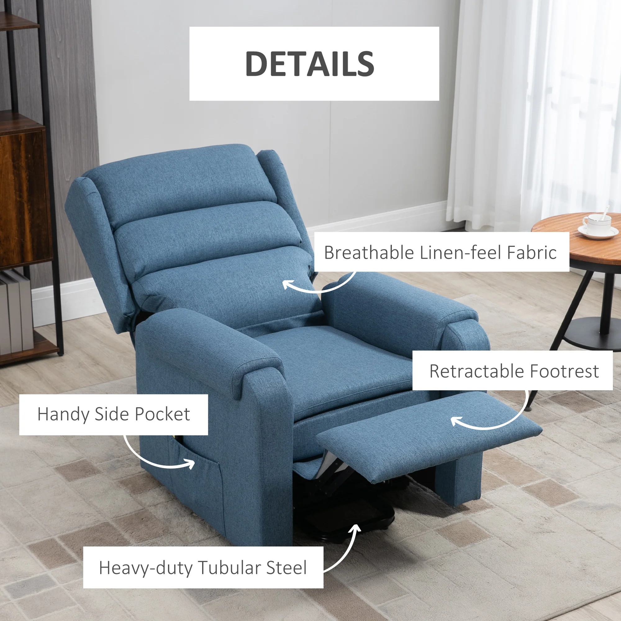 Fabric Heavy Duty Power Lift Recliner with Pockets, Blue - Image 6