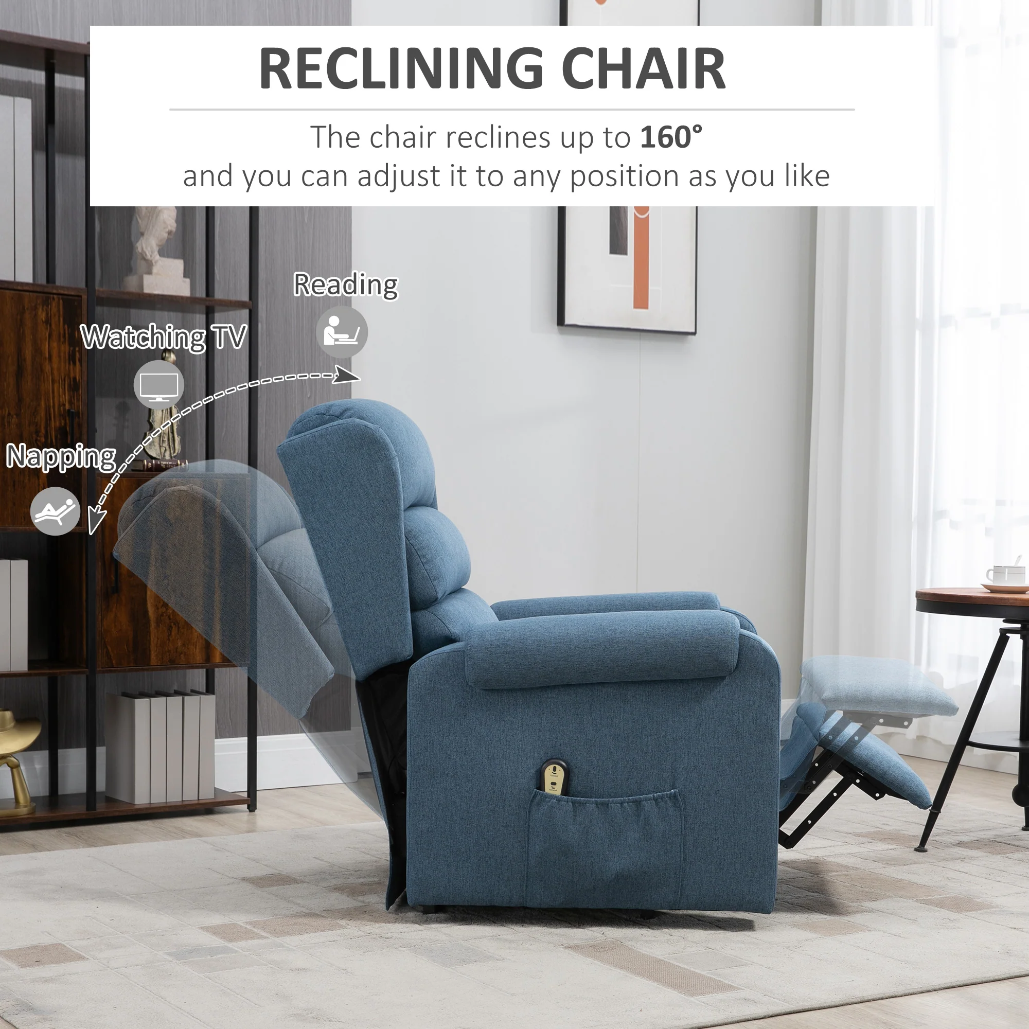 Fabric Heavy Duty Power Lift Recliner with Pockets, Blue - Image 7