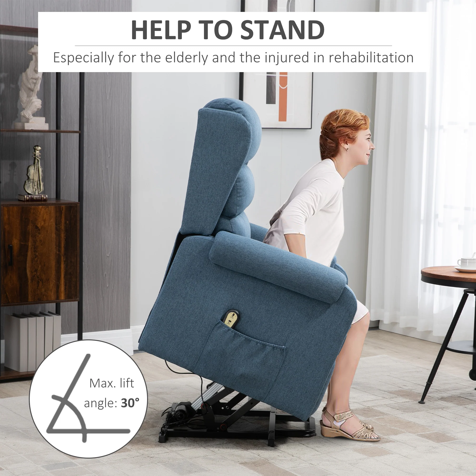 Fabric Heavy Duty Power Lift Recliner with Pockets, Blue - Image 9