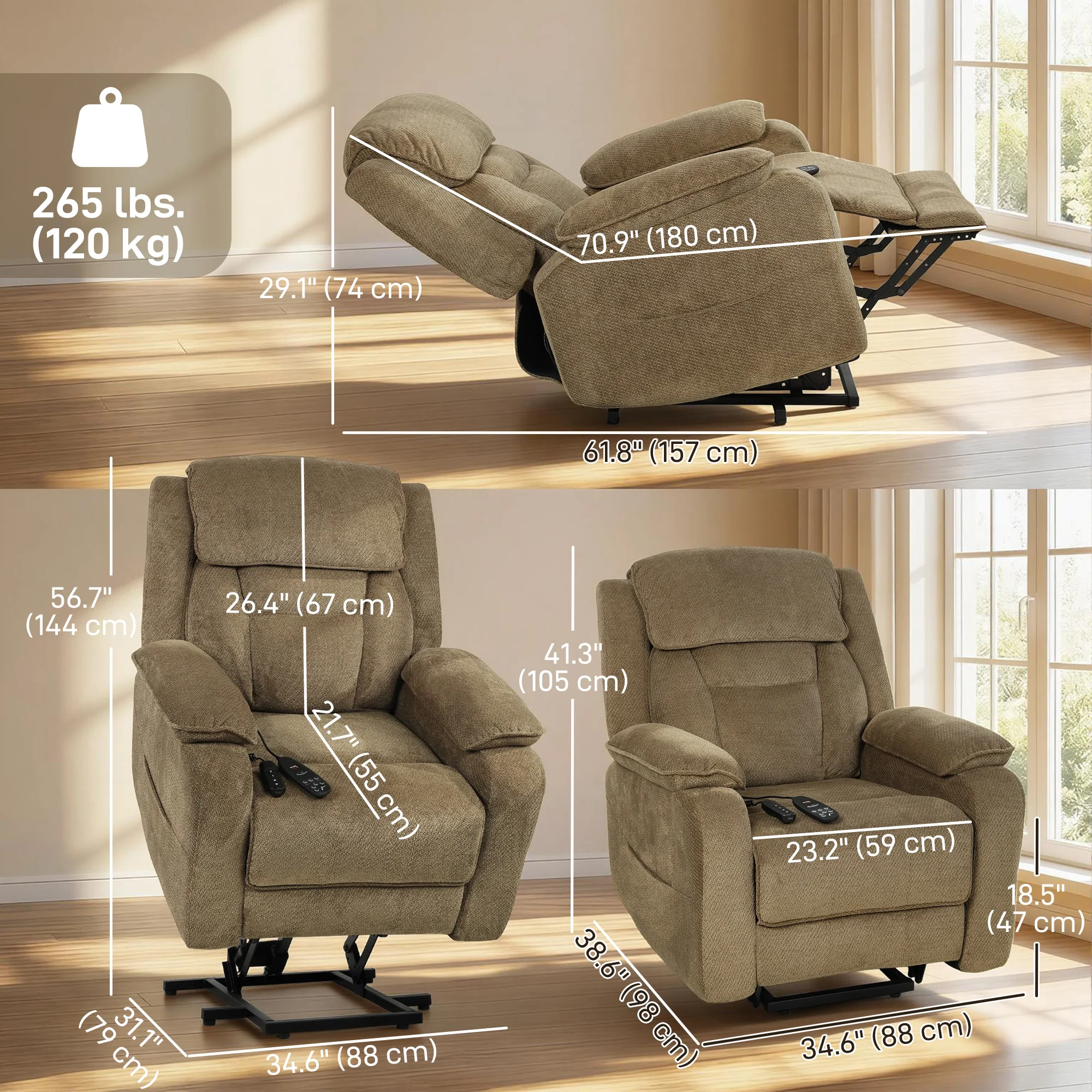 Power Lift Recliner Chair for Elderly with Massage, Electric Recliner with Side Pockets, Remote, 2 Memory Buttons, Footrest, Quiet Reclining Chair for Living Room, Brown - Image 5