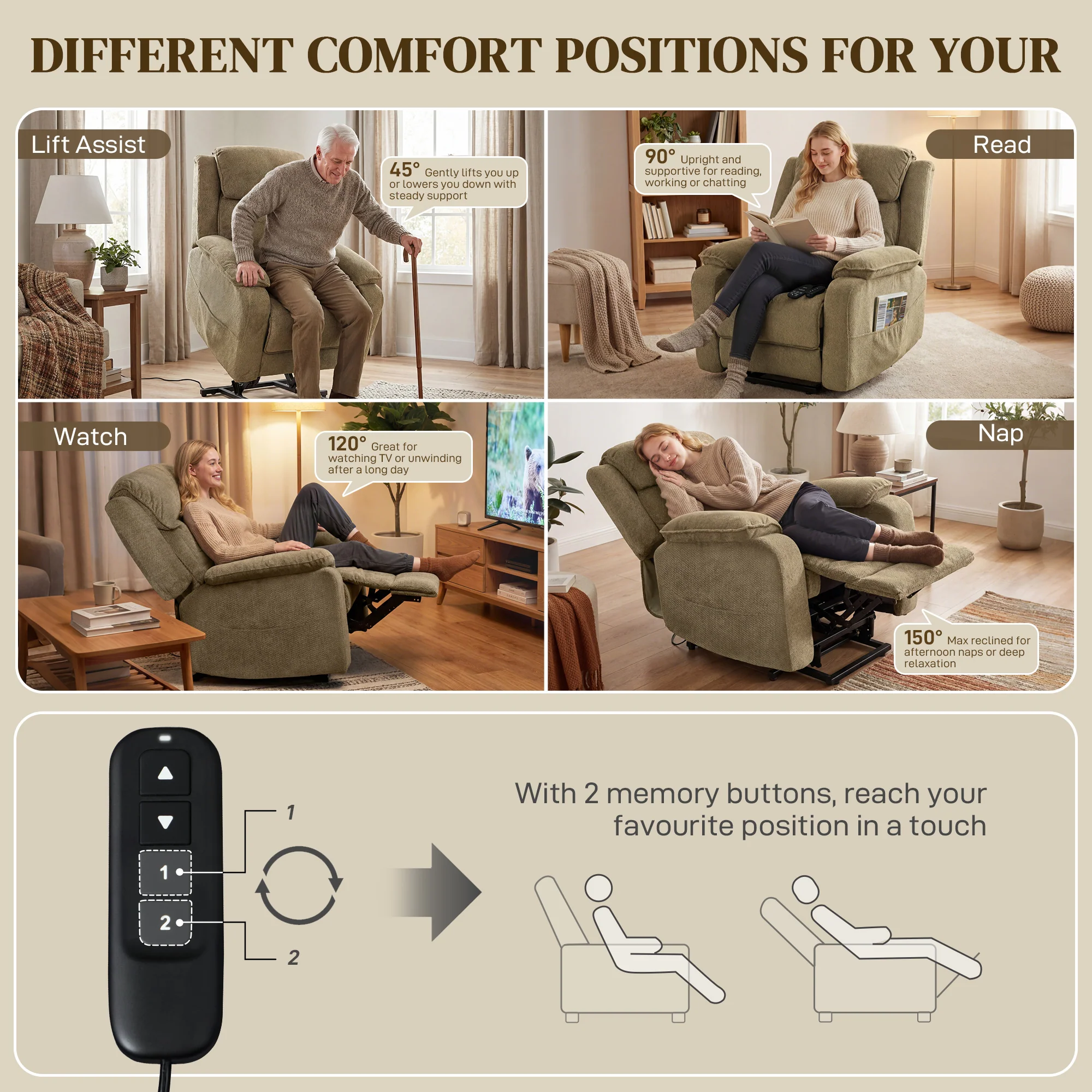 Power Lift Recliner Chair for Elderly with Massage, Electric Recliner with Side Pockets, Remote, 2 Memory Buttons, Footrest, Quiet Reclining Chair for Living Room, Brown - Image 6