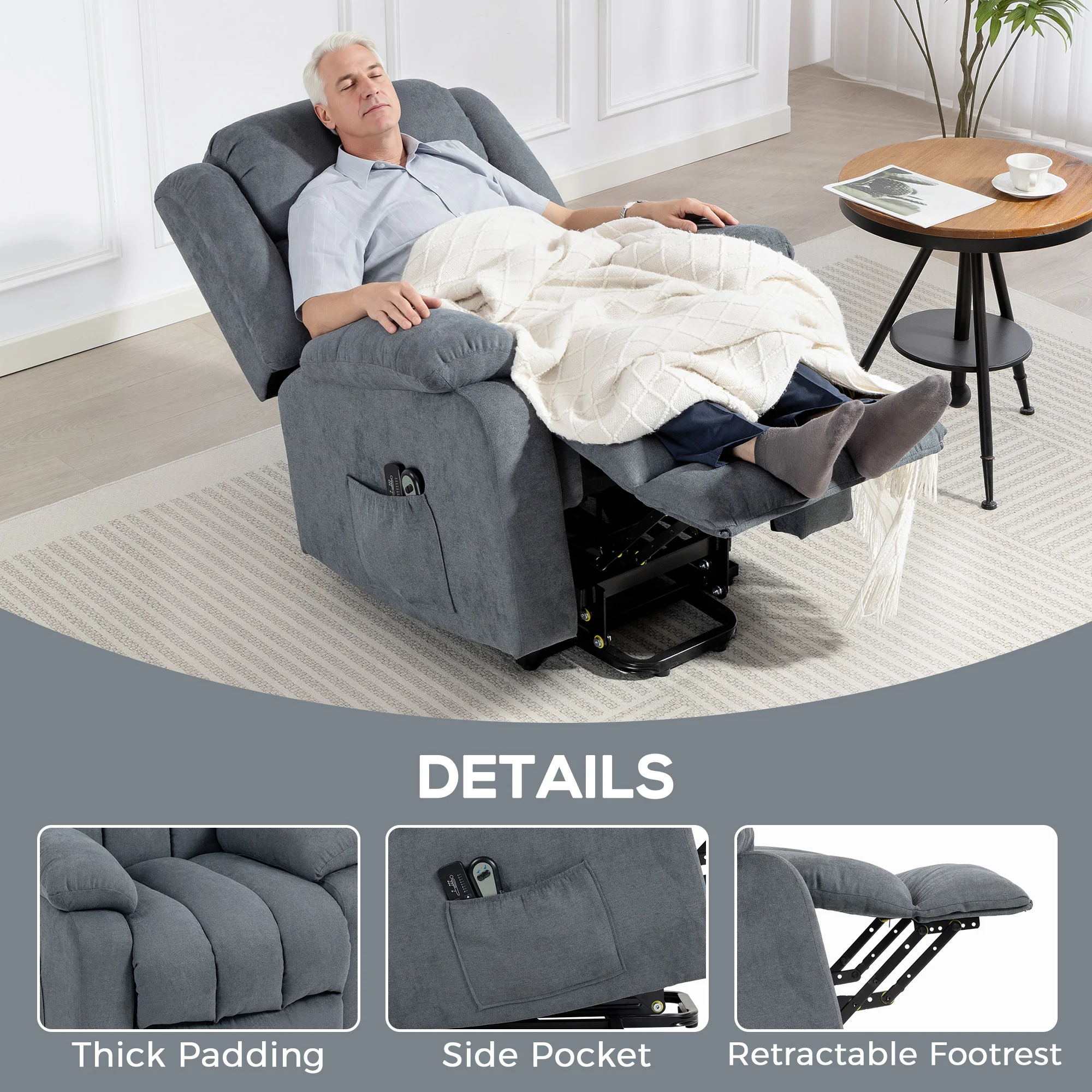 Power Lift Recliner Chair with Massage, Linen Overstuffed Lift Chair for Elderly, Grey - Image 10