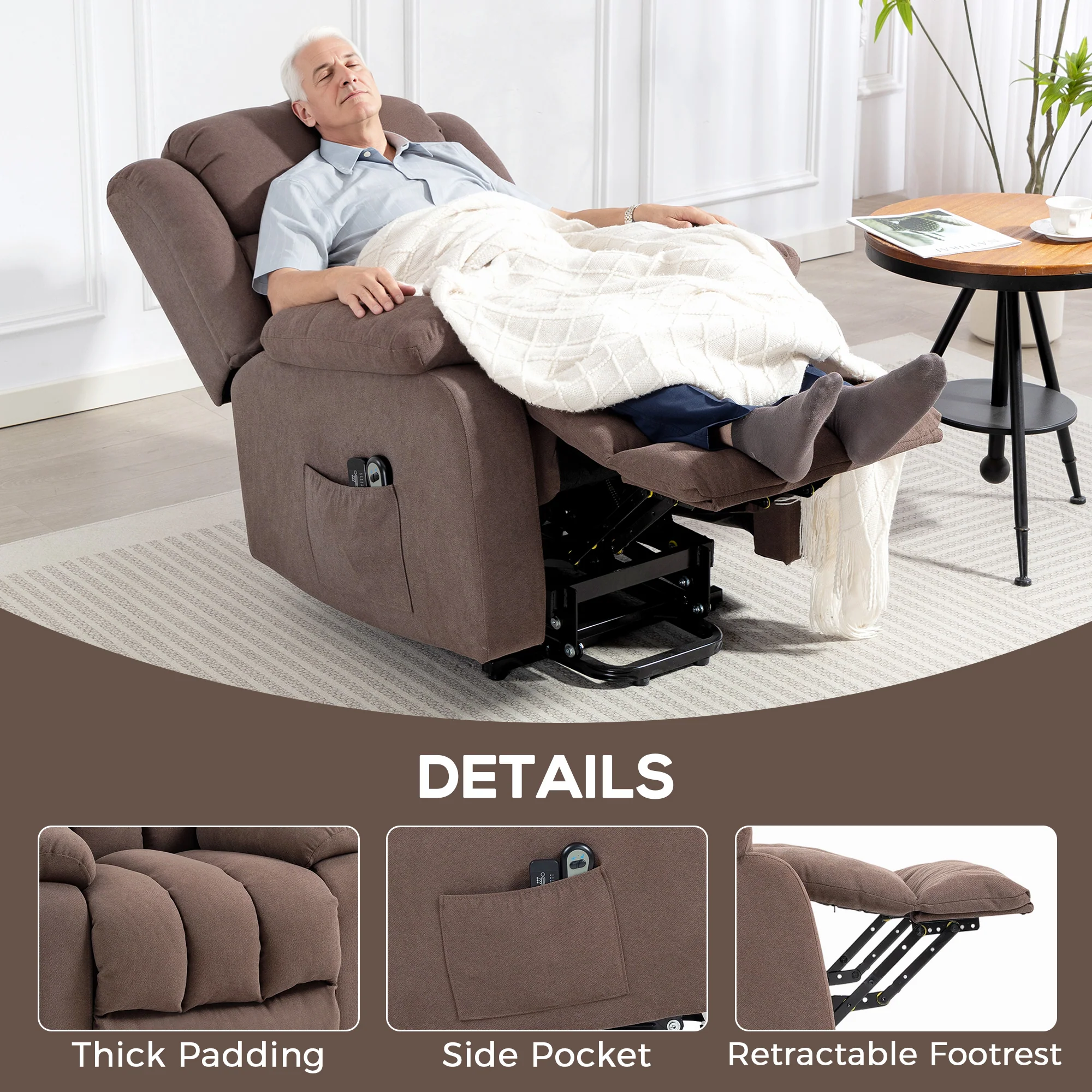 Power Lift Recliner Chair with 8 Vibration Massage, Linen Overstuffed Lift Chair for Elderly, Dark Brown - Image 10