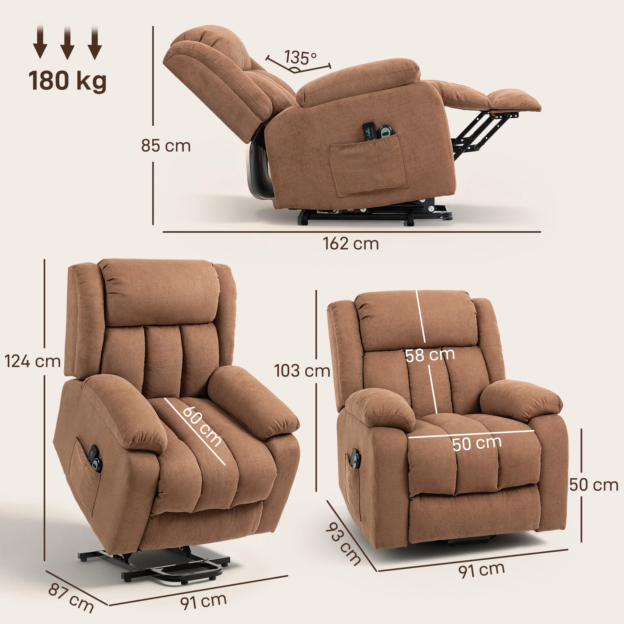 Power Lift Recliner Chair with 8 Vibration Massage, Linen Overstuffed Lift Chair for Elderly, Brown - Image 5