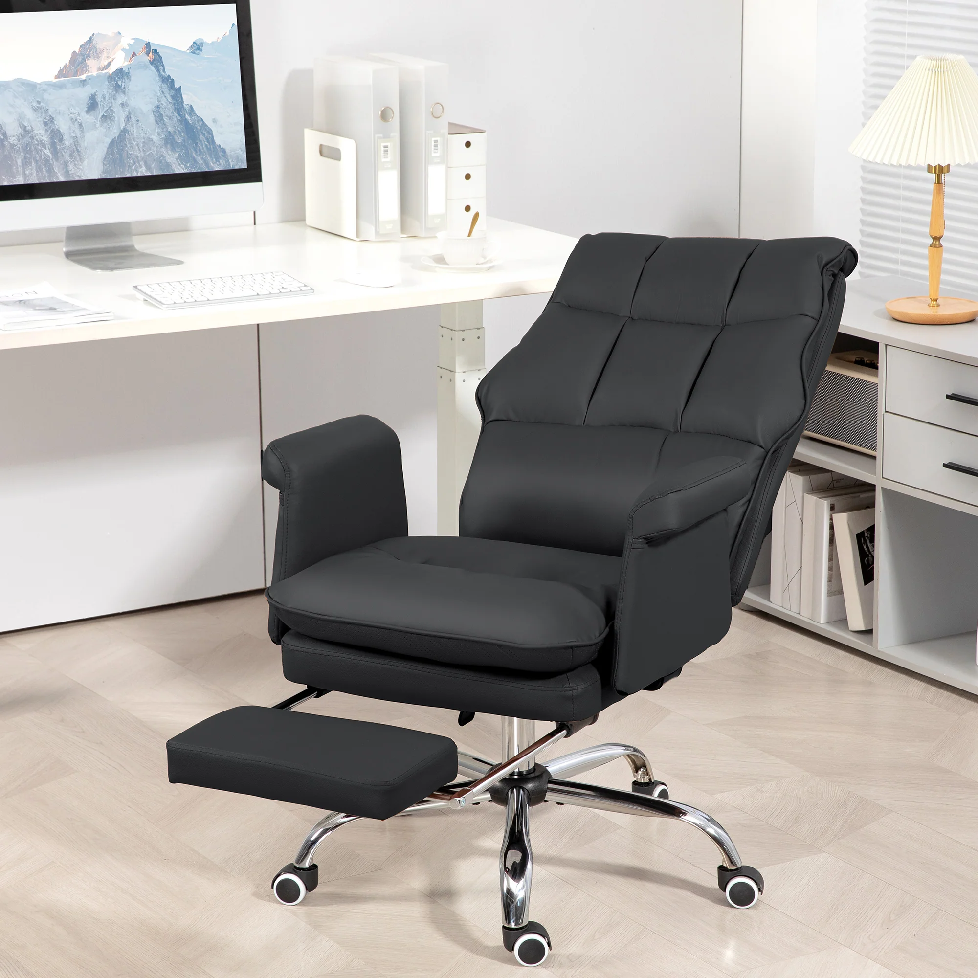 PU Leather Executive Office Chair Ergonomic Reclining Desk Chair with Footrest Black - Image 4