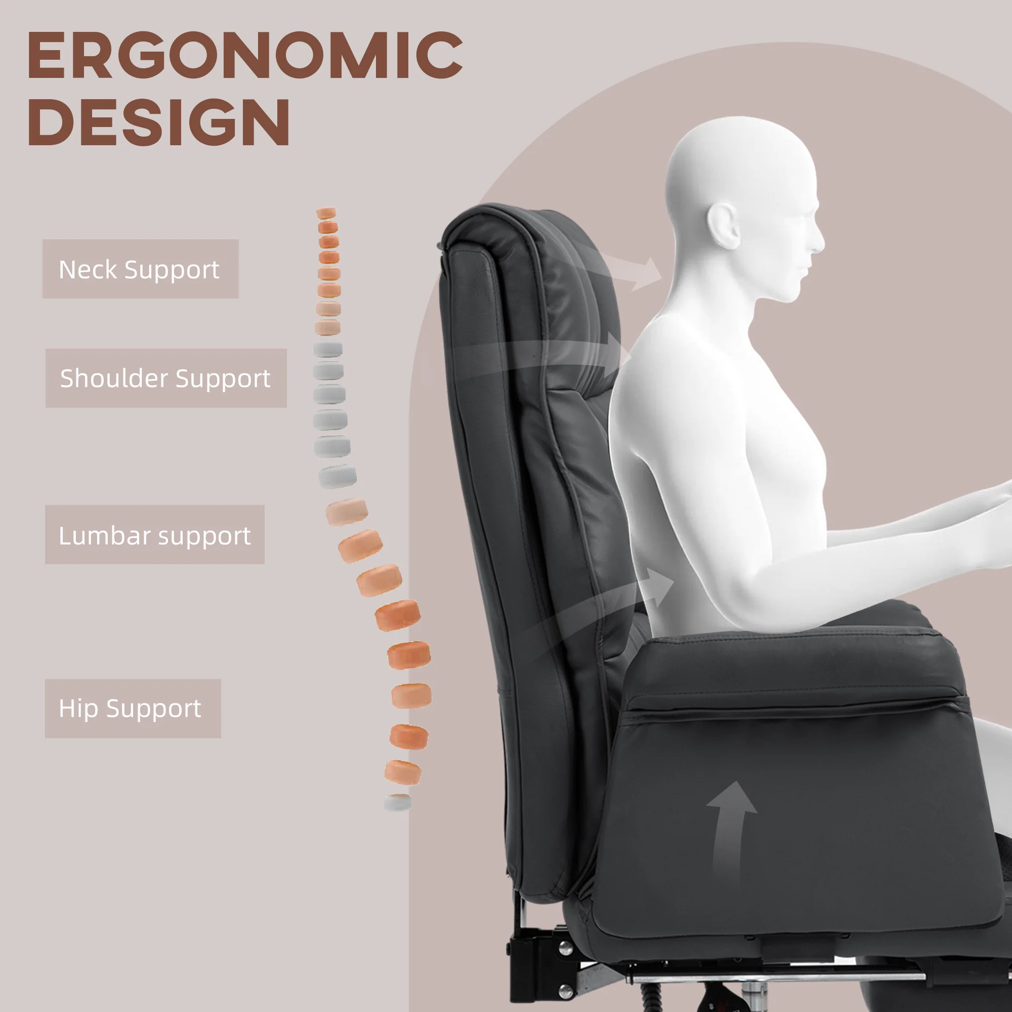 PU Leather Executive Office Chair Ergonomic Reclining Desk Chair with Footrest Black - Image 7