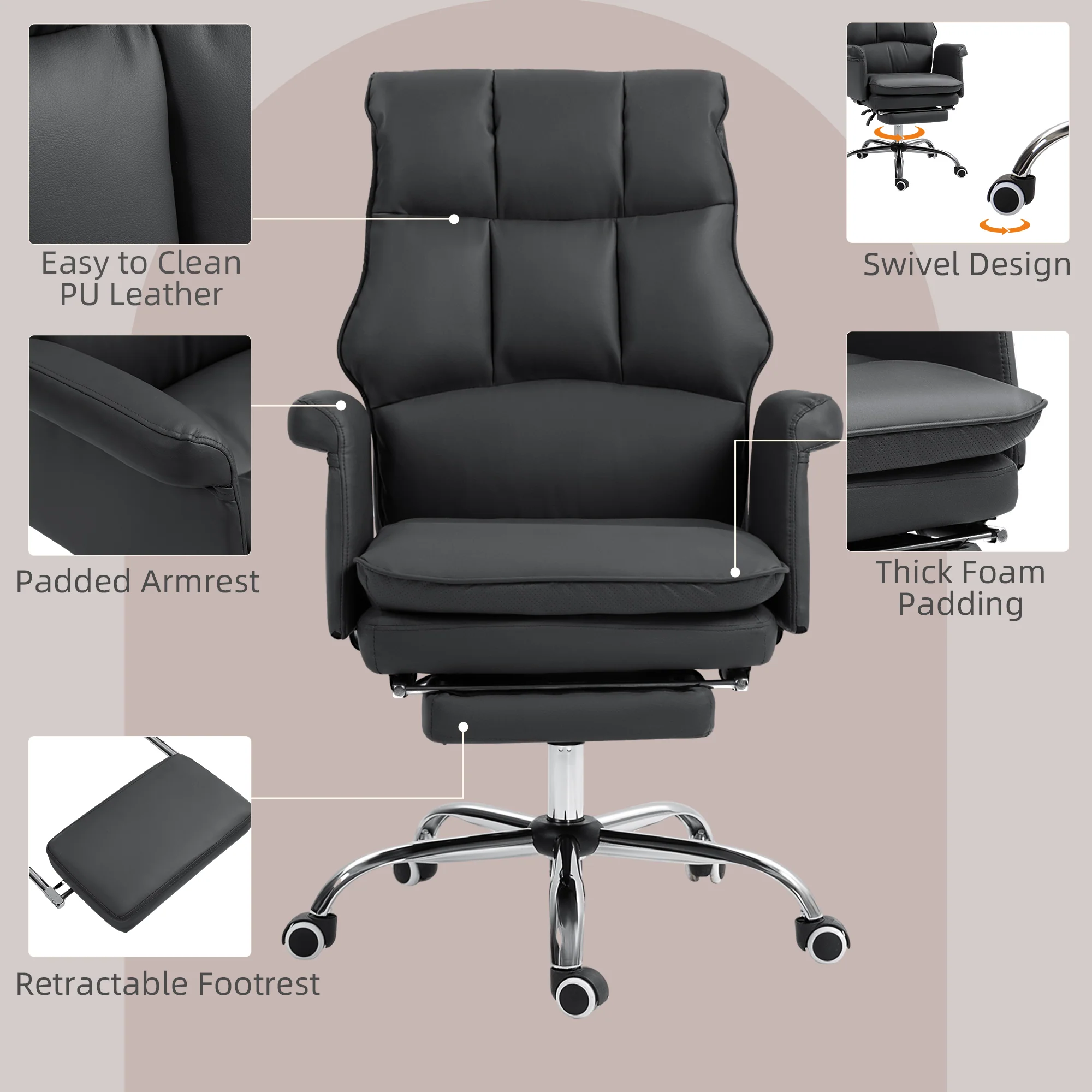 PU Leather Executive Office Chair Ergonomic Reclining Desk Chair with Footrest Black - Image 8