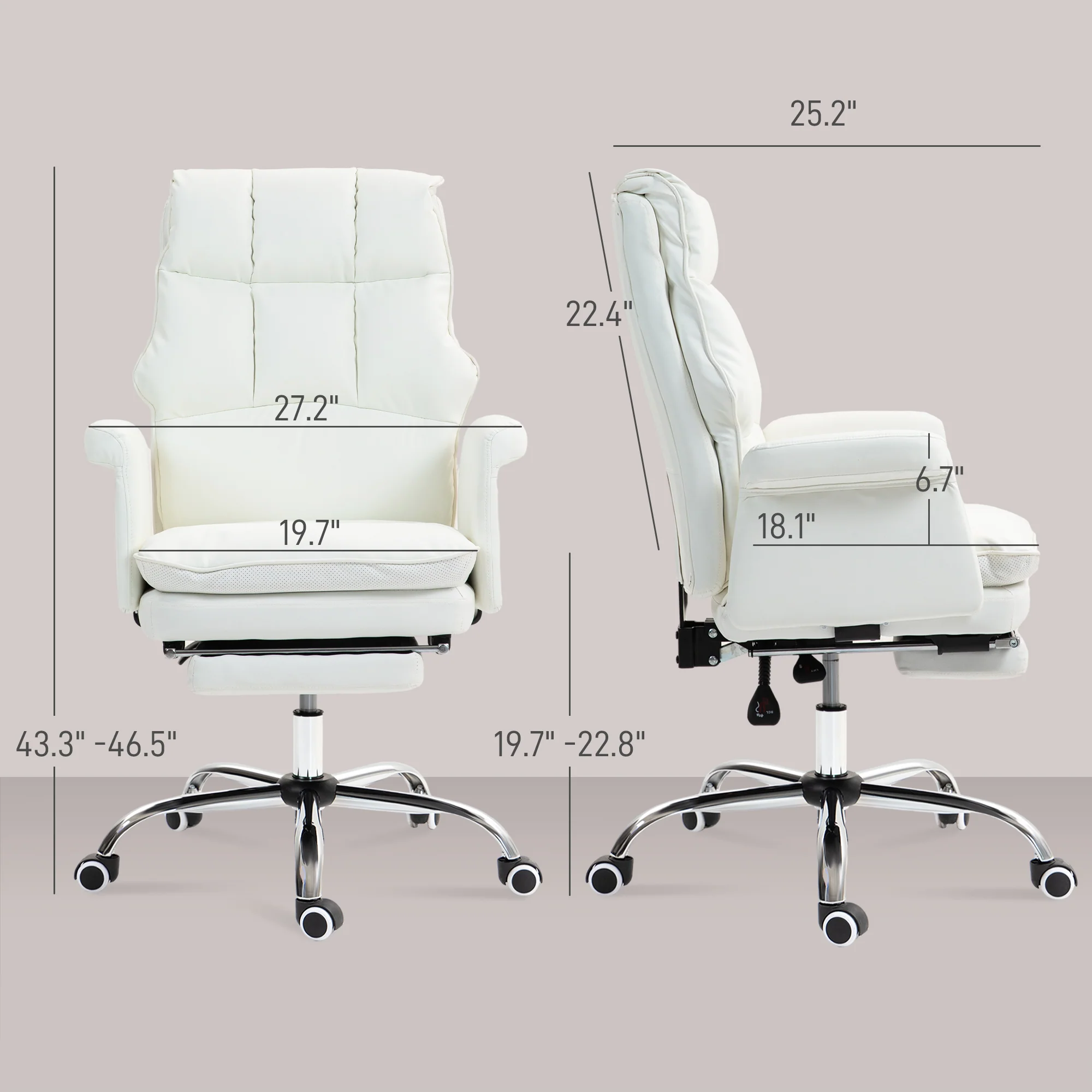 PU Leather Executive Office Chair Ergonomic Reclining Desk Chair with Footrest White - Image 5