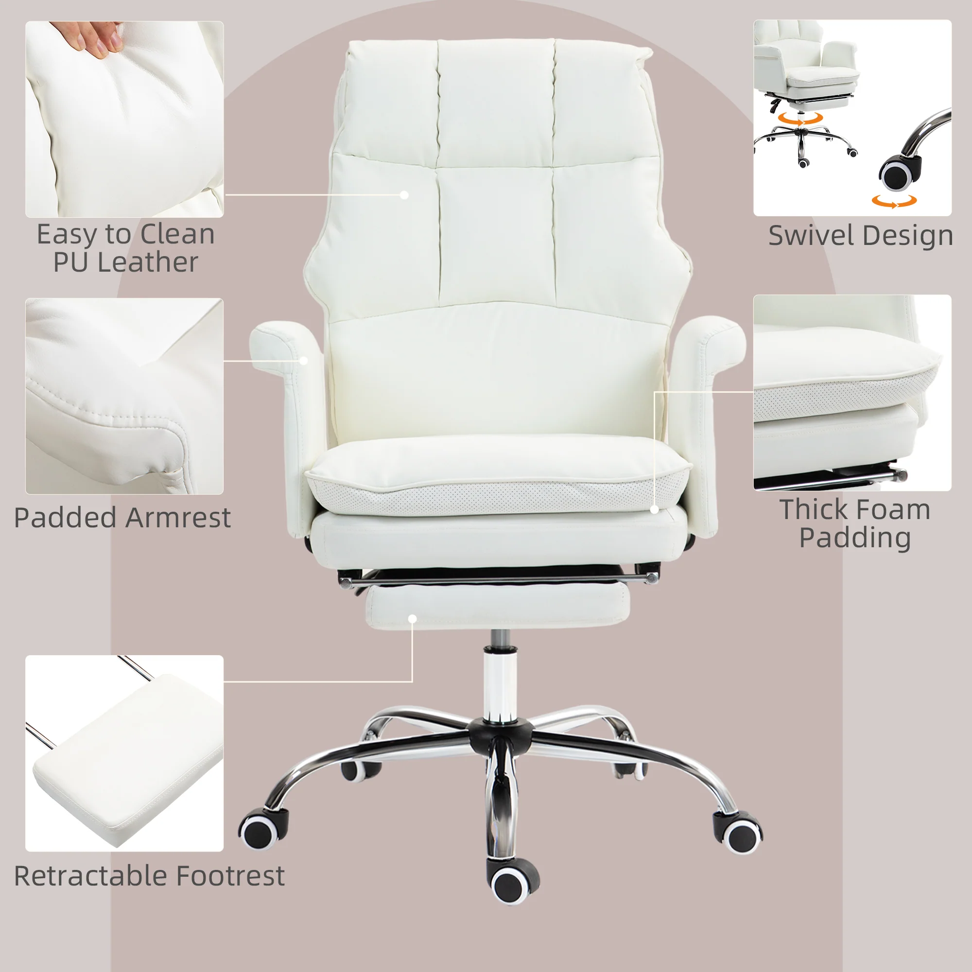 PU Leather Executive Office Chair Ergonomic Reclining Desk Chair with Footrest White - Image 7
