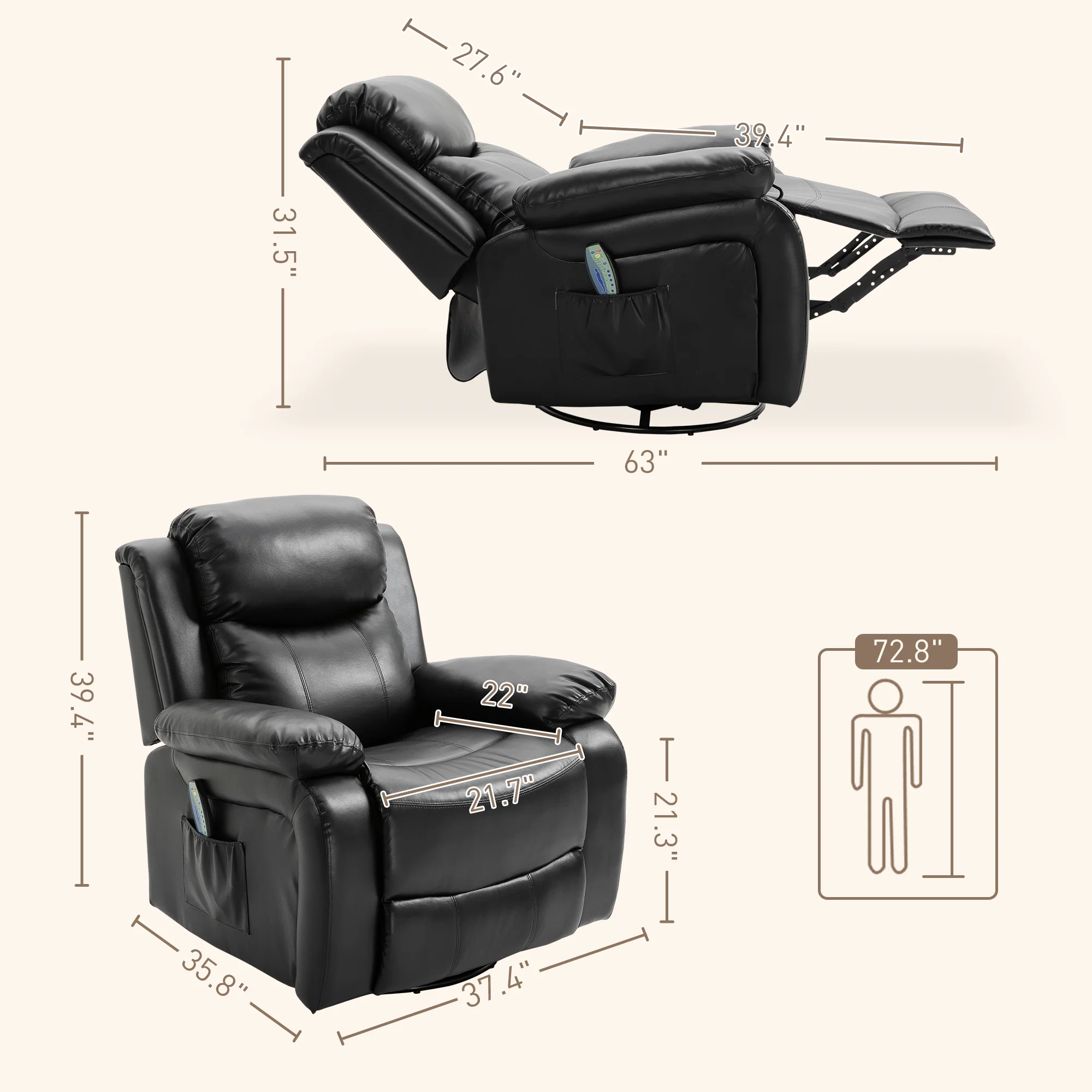 PU Leather Massage Recliner Chair Swivel Rocker Sofa with Remote Control Footrest Black - Image 5