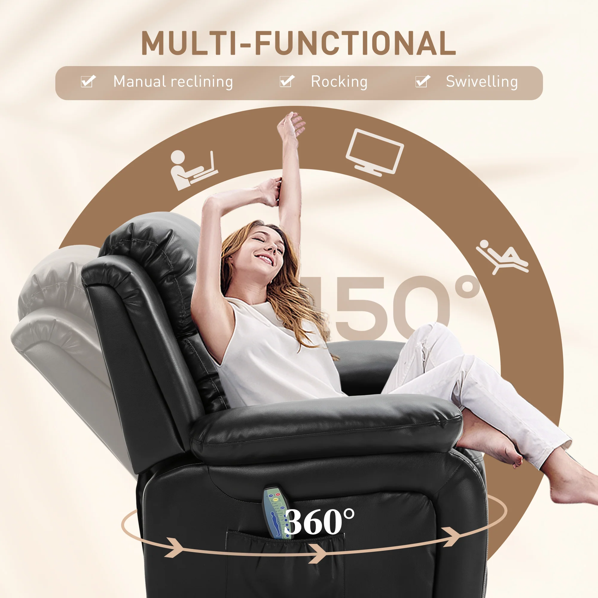 PU Leather Massage Recliner Chair Swivel Rocker Sofa with Remote Control Footrest Black - Image 7
