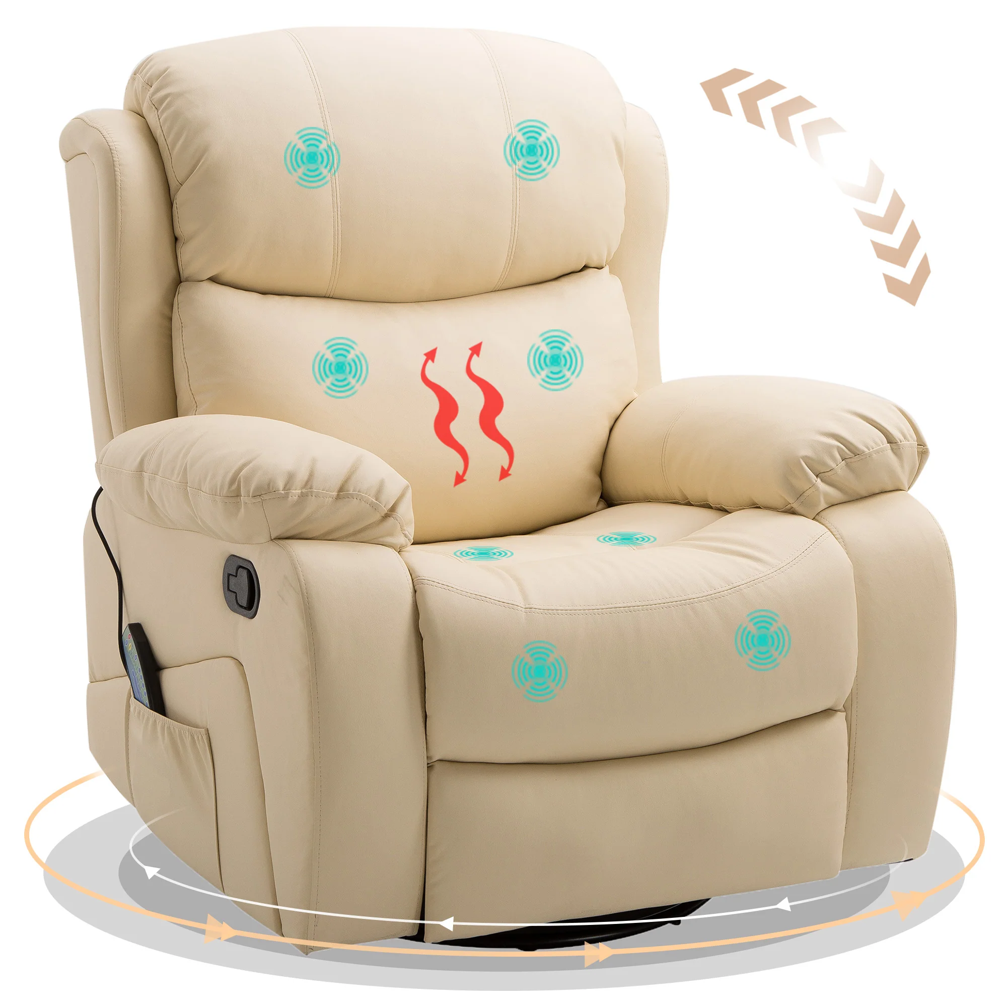 PU Leather Massage Recliner Chair, Manual Reclining Chairwith 8 Points and Heat, Beige