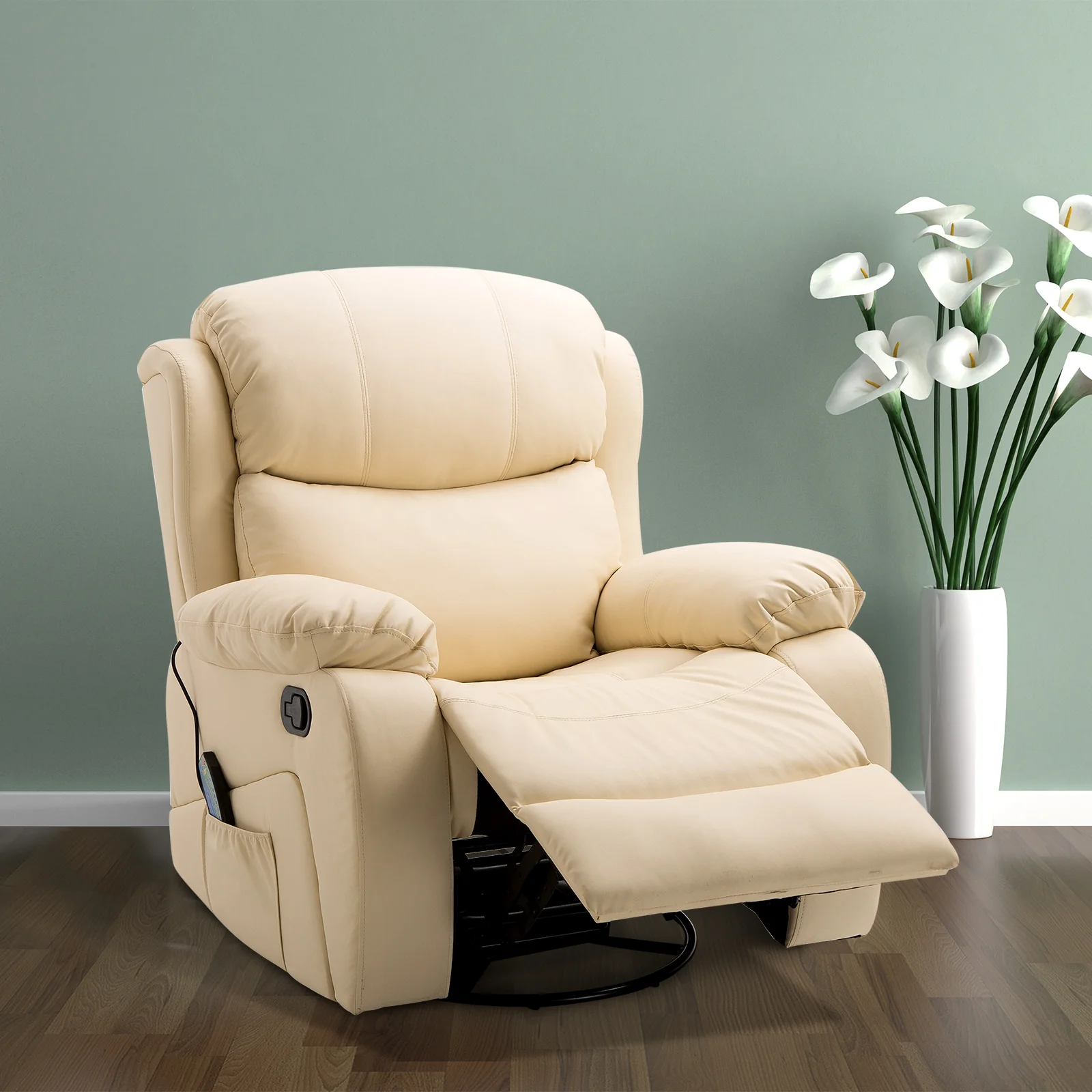 PU Leather Massage Recliner Chair, Manual Reclining Chairwith 8 Points and Heat, Beige - Image 3