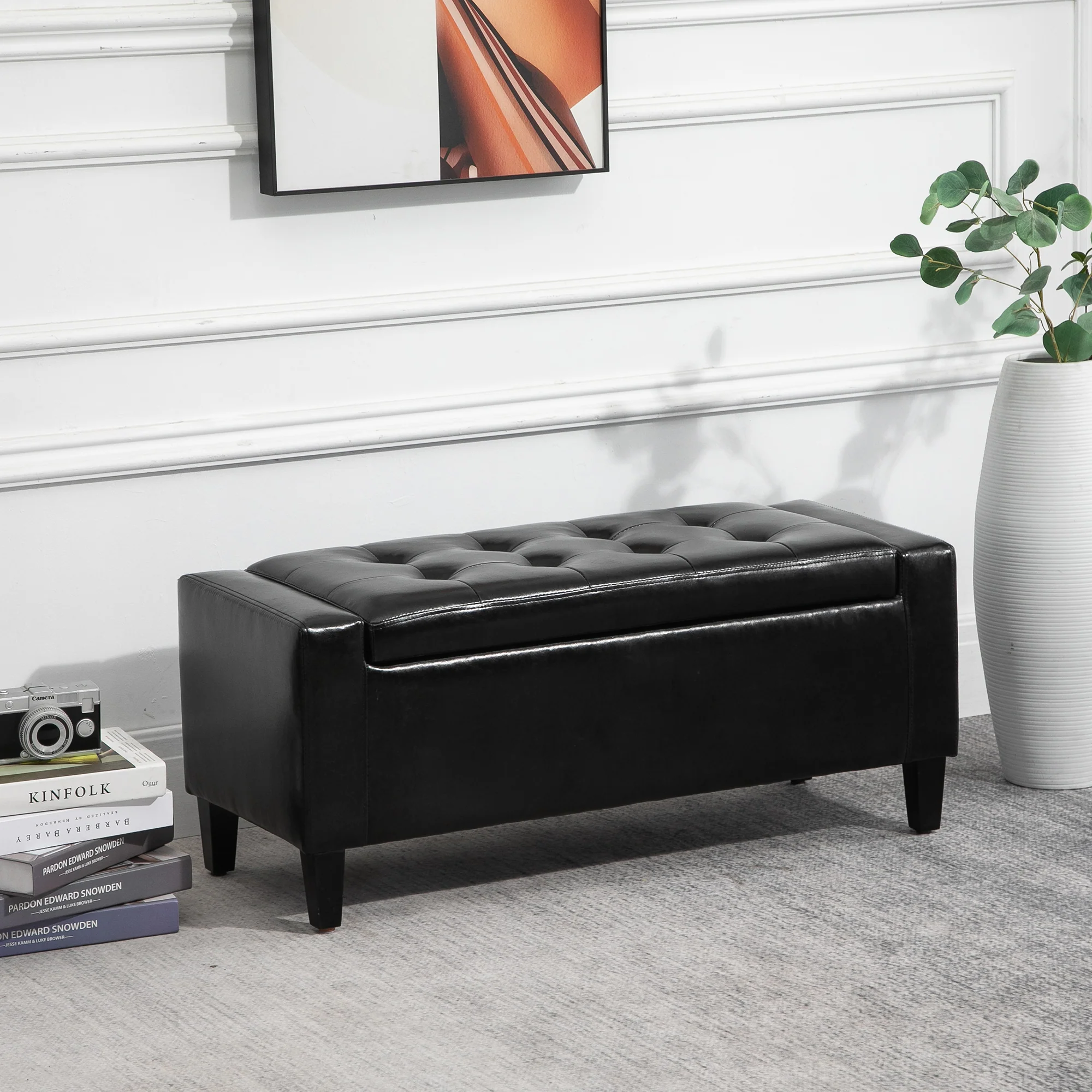 PU Leather Storage Ottoman, Tufted Bench wirh Flipping Top, 92 x 40 x 40cm, Black - Image 8