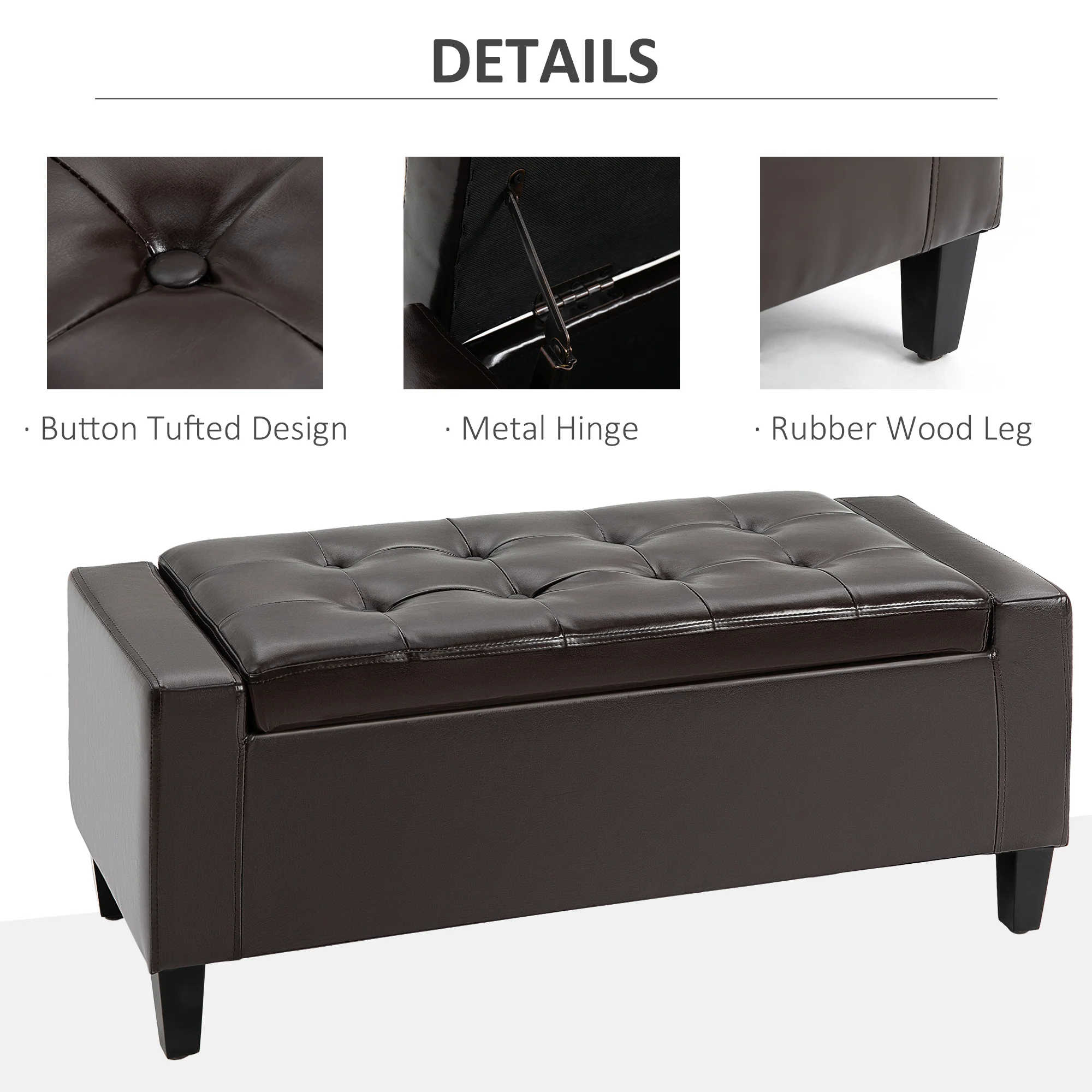 PU Leather Storage Ottoman, Tufted Bench wirh Flipping Top, 92 x 40 x 40cm, Brown - Image 7