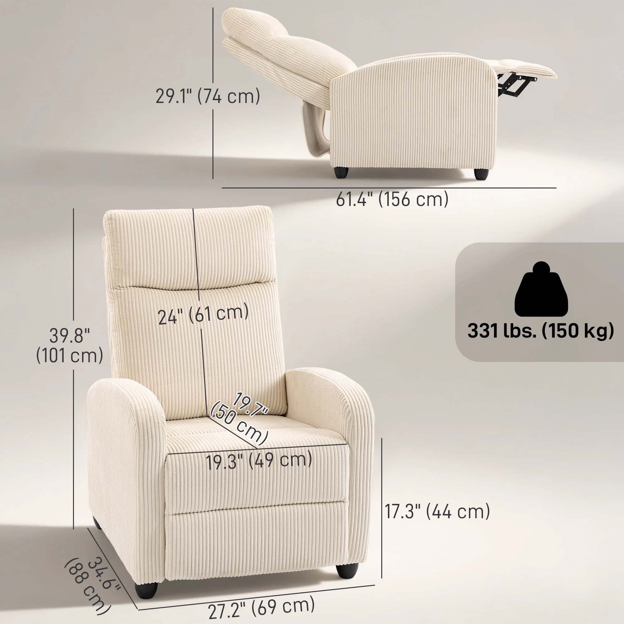 Push Back Recliner Chair, Corduroy Fabric Home Theater Seating, Single Reclining Sofa Chair with Padded Seat for Living Room, Beige - Image 5