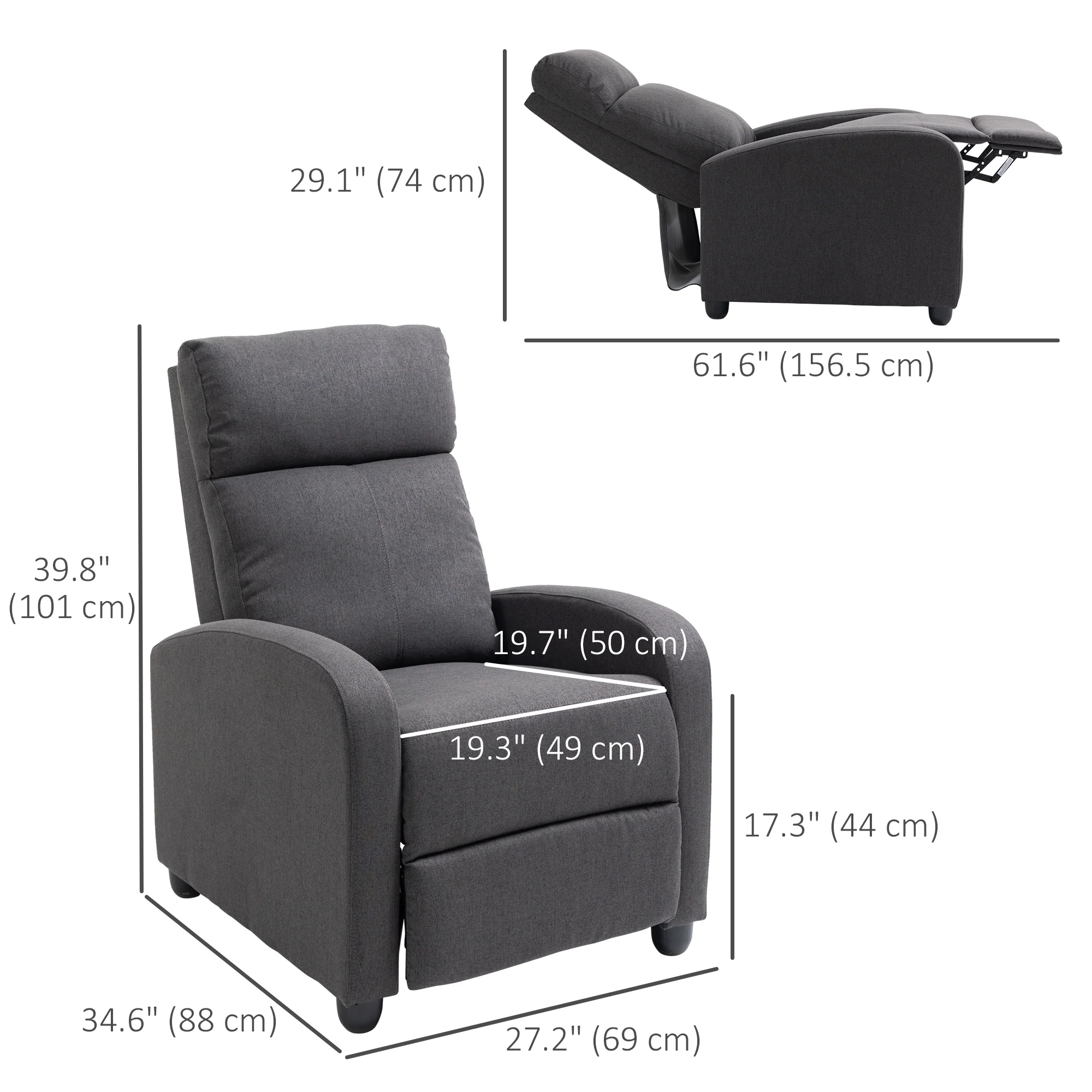 Push Back Recliner Chair with Padded Seat, Dark Grey - Image 5