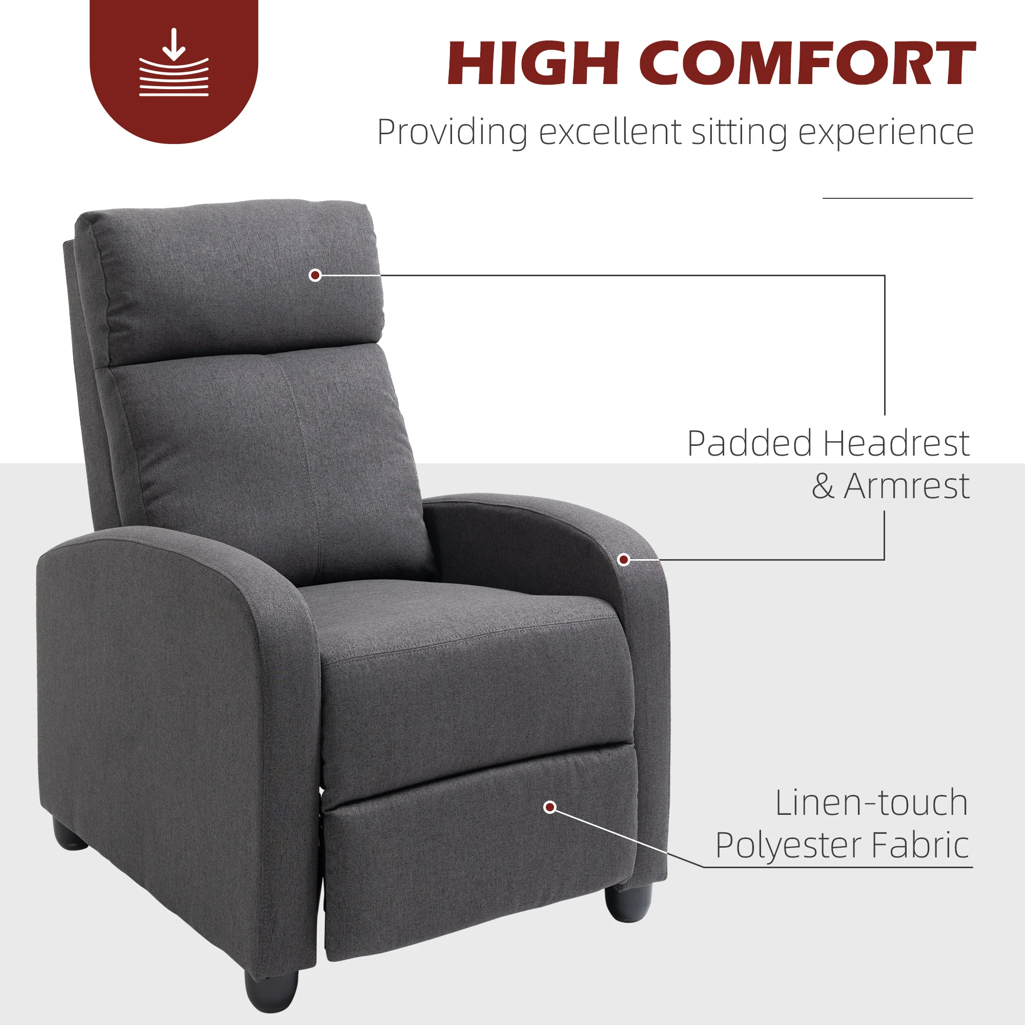 Push Back Recliner Chair with Padded Seat, Dark Grey - Image 6