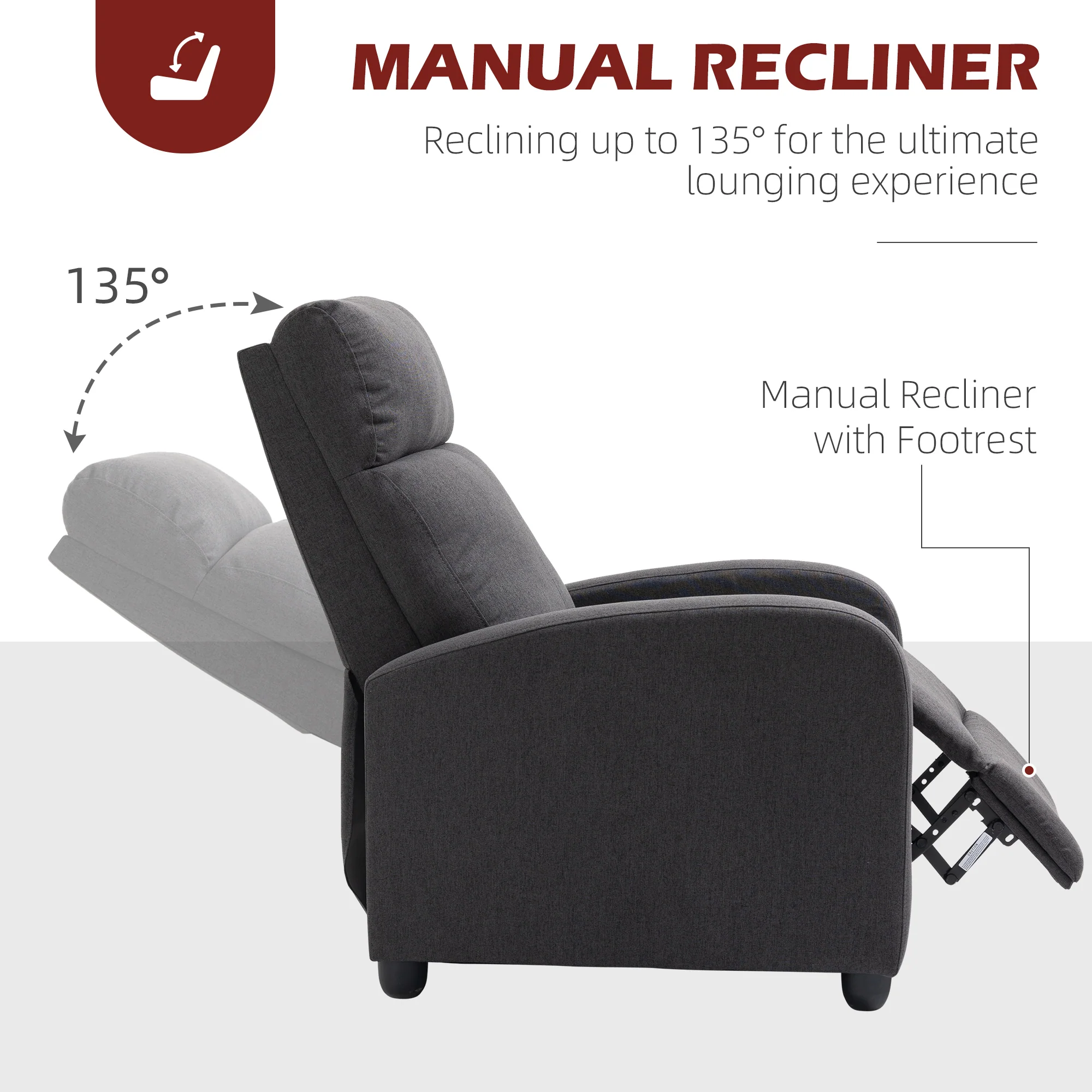 Push Back Recliner Chair with Padded Seat, Dark Grey - Image 7