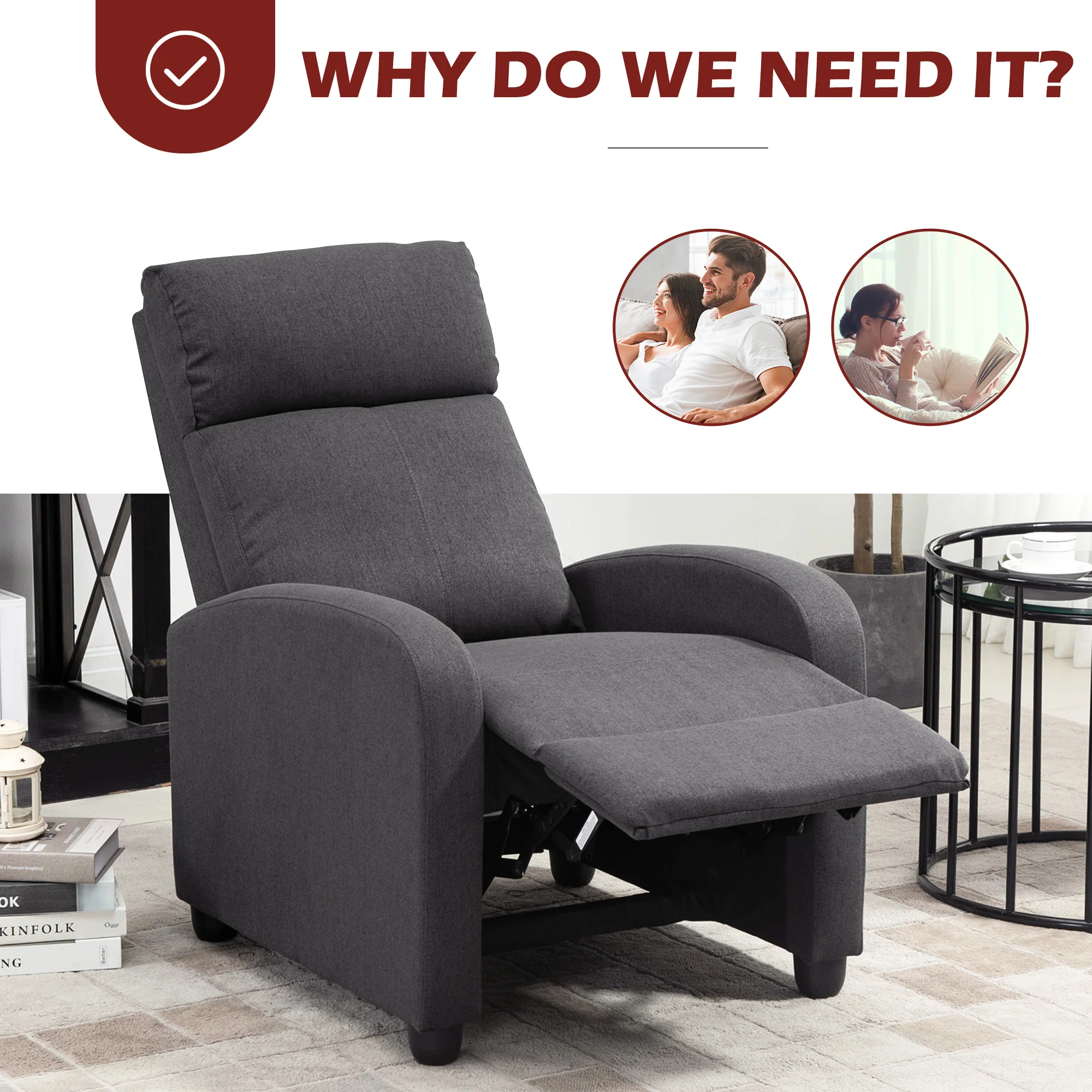 Push Back Recliner Chair with Padded Seat, Dark Grey - Image 8