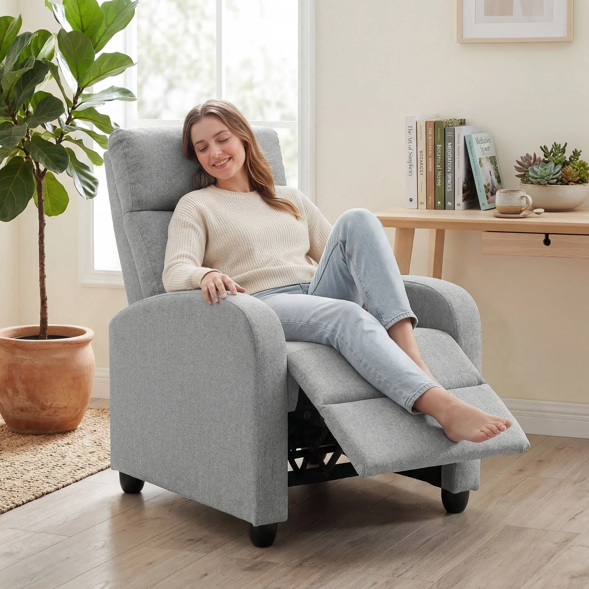 Push Back Recliner Chair with Padded Seat, Light Grey - Image 10