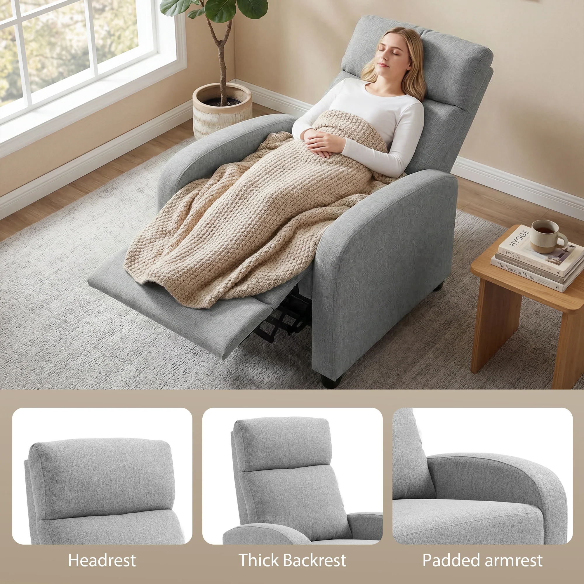 Push Back Recliner Chair with Padded Seat, Light Grey - Image 8