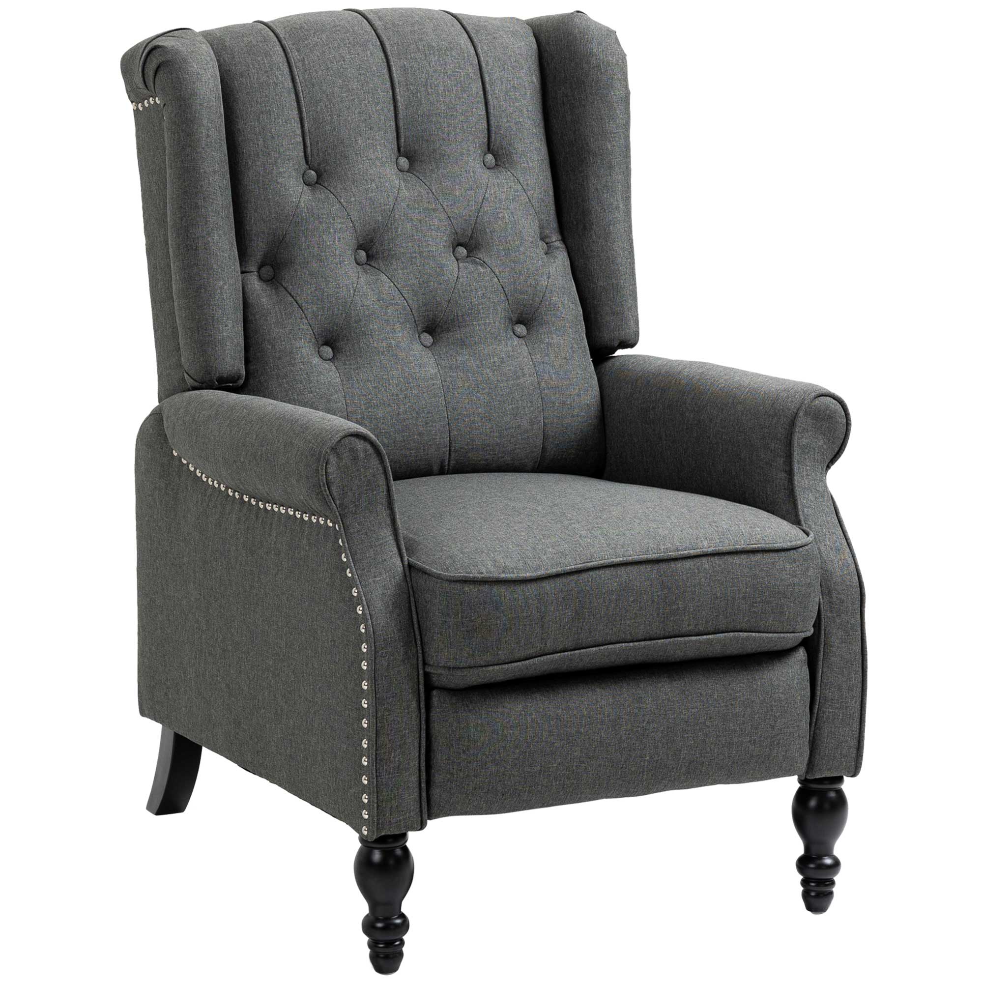 Push Back Fabric Recliner with Nailhead Trim and Footrest, Dark Grey - Image 2