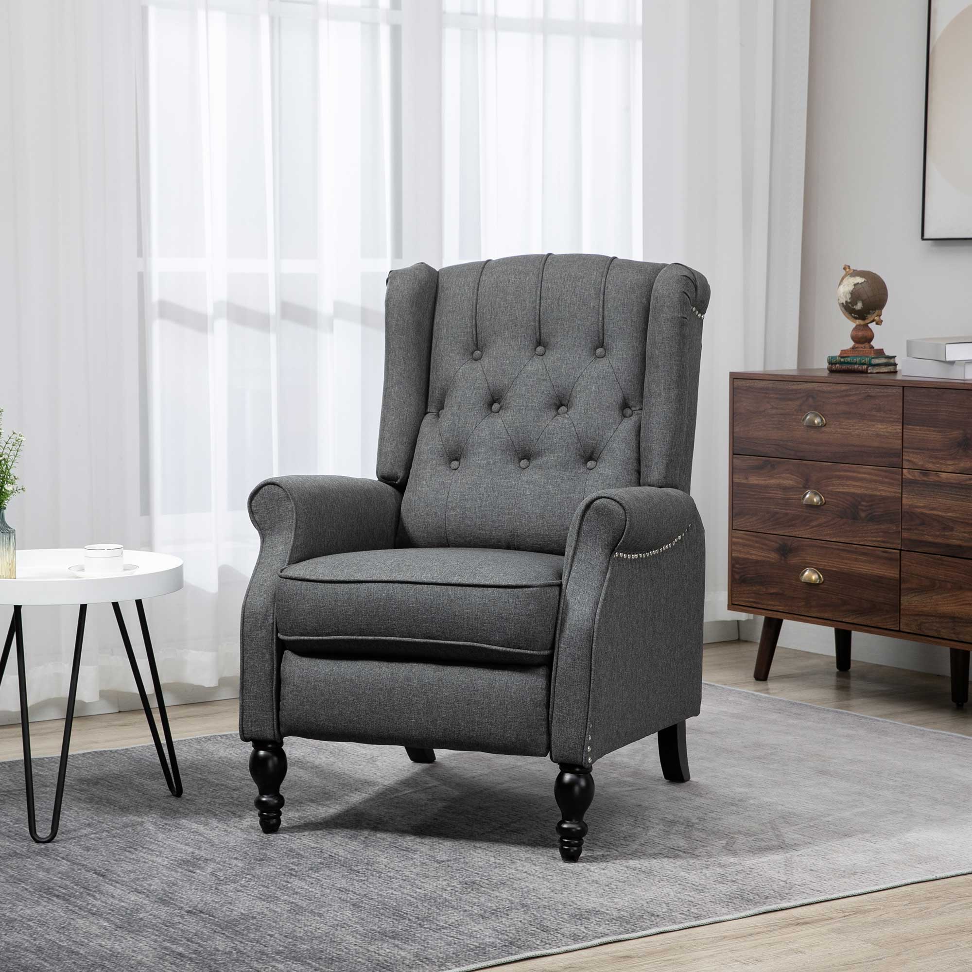 Push Back Fabric Recliner with Nailhead Trim and Footrest, Dark Grey - Image 4