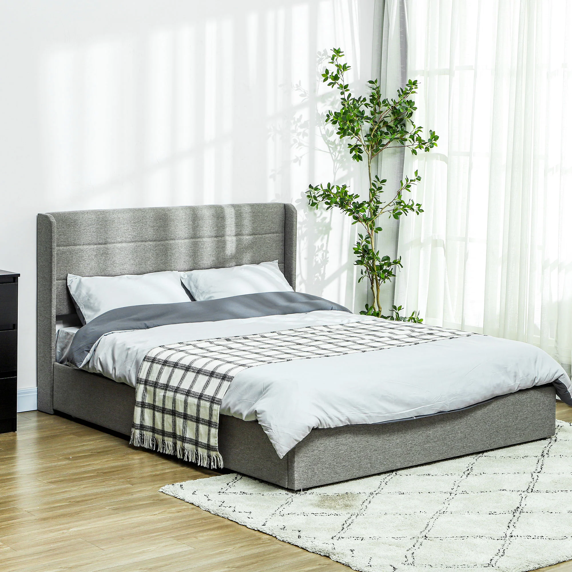 Queen Bed Frame with Storage Drawers Headboard Wood Slats Noise Free Light Gray - Image 9