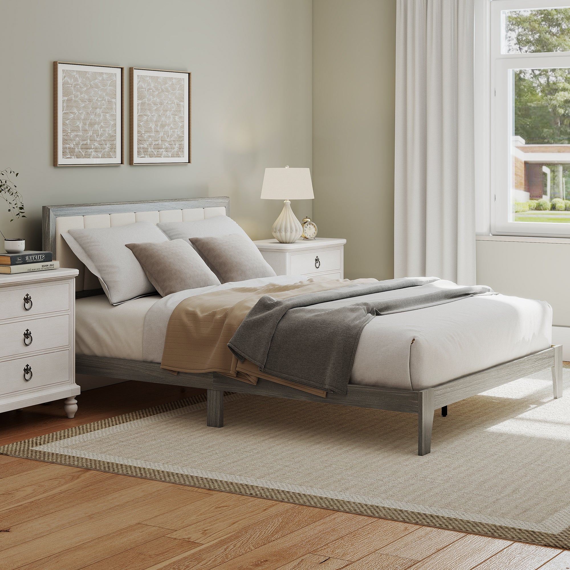 Queen Size Bed Frame with Upholstered Headboard, No Box Spring Needed, Easy Assembly, Gray - Image 10