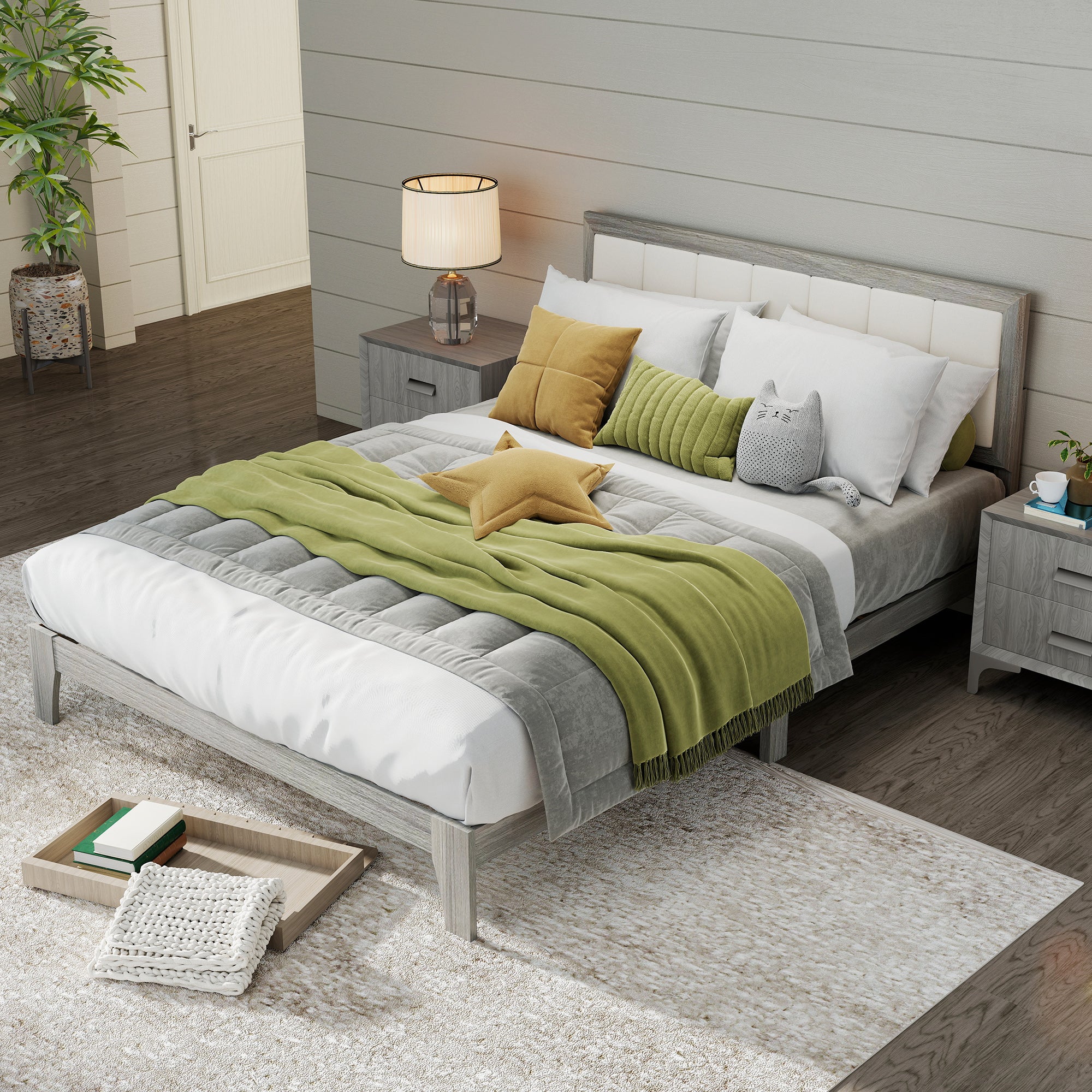 Queen Size Bed Frame with Upholstered Headboard, No Box Spring Needed, Easy Assembly, Gray - Image 11