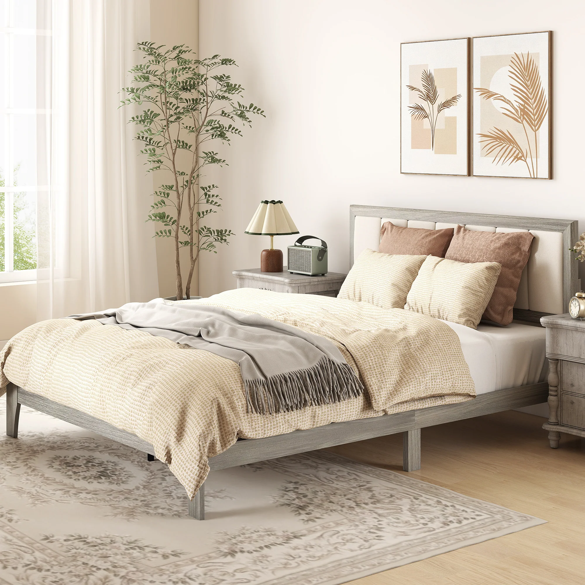 Queen Size Bed Frame with Upholstered Headboard, No Box Spring Needed, Easy Assembly, Gray - Image 4