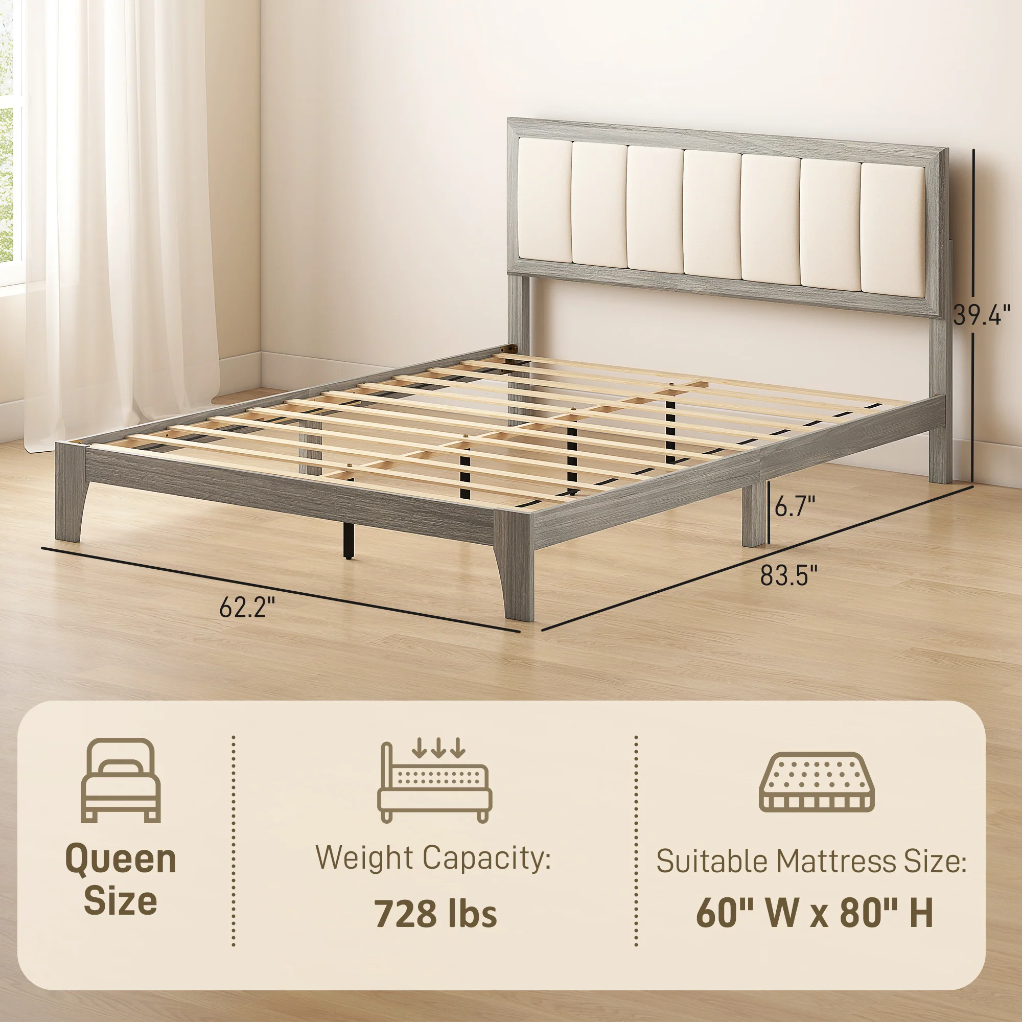 Queen Size Bed Frame with Upholstered Headboard, No Box Spring Needed, Easy Assembly, Gray - Image 5