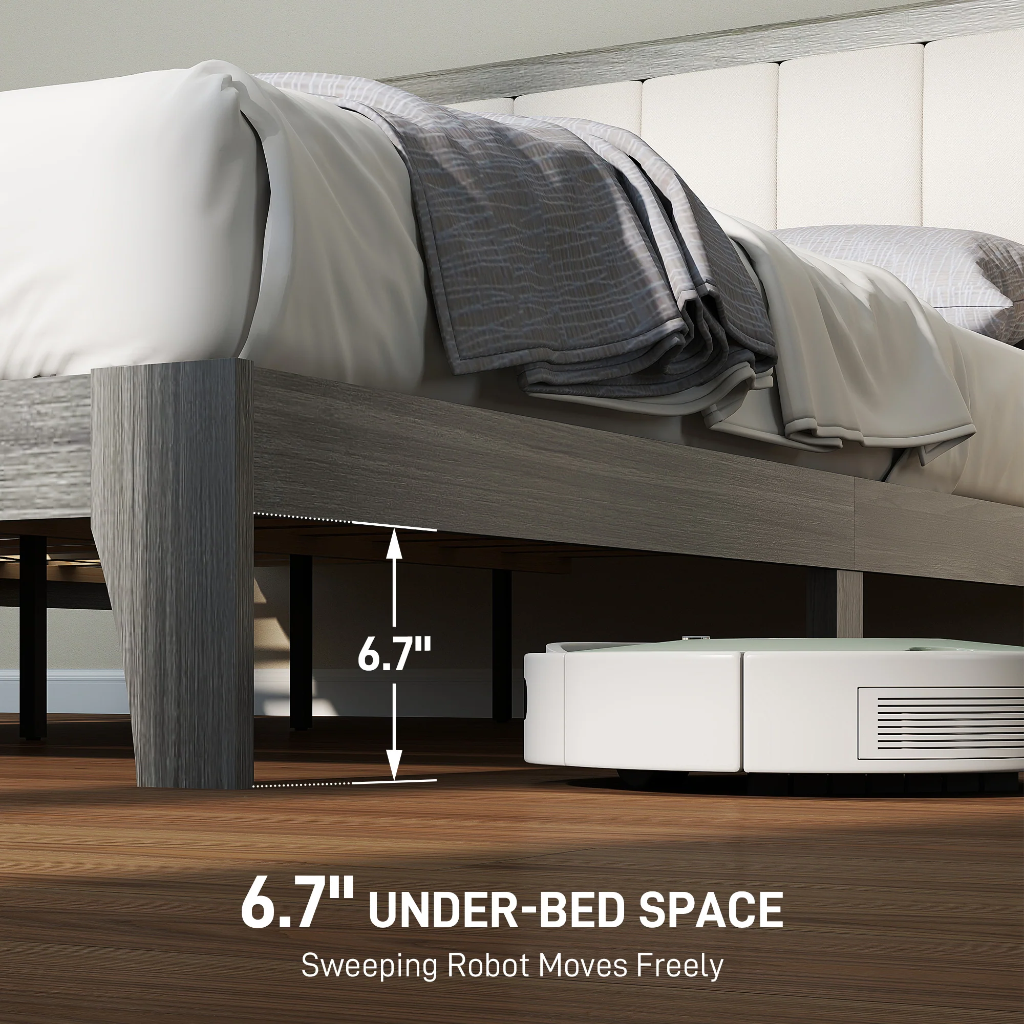 Queen Size Bed Frame with Upholstered Headboard, No Box Spring Needed, Easy Assembly, Gray - Image 7