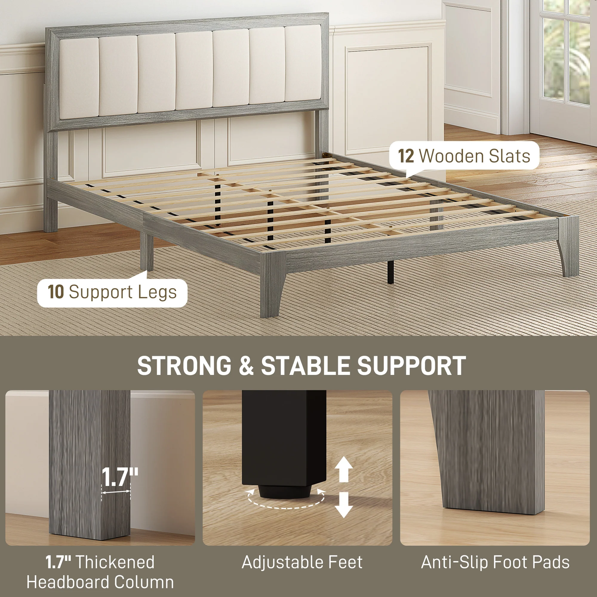 Queen Size Bed Frame with Upholstered Headboard, No Box Spring Needed, Easy Assembly, Gray - Image 8