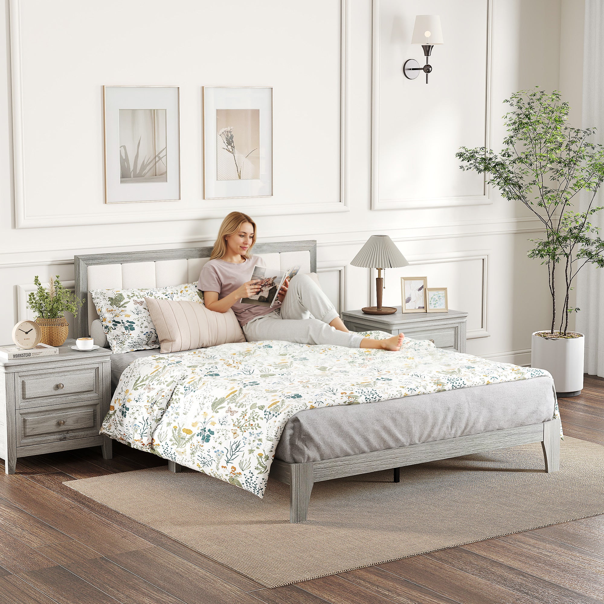 Queen Size Bed Frame with Upholstered Headboard, No Box Spring Needed, Easy Assembly, Gray - Image 9