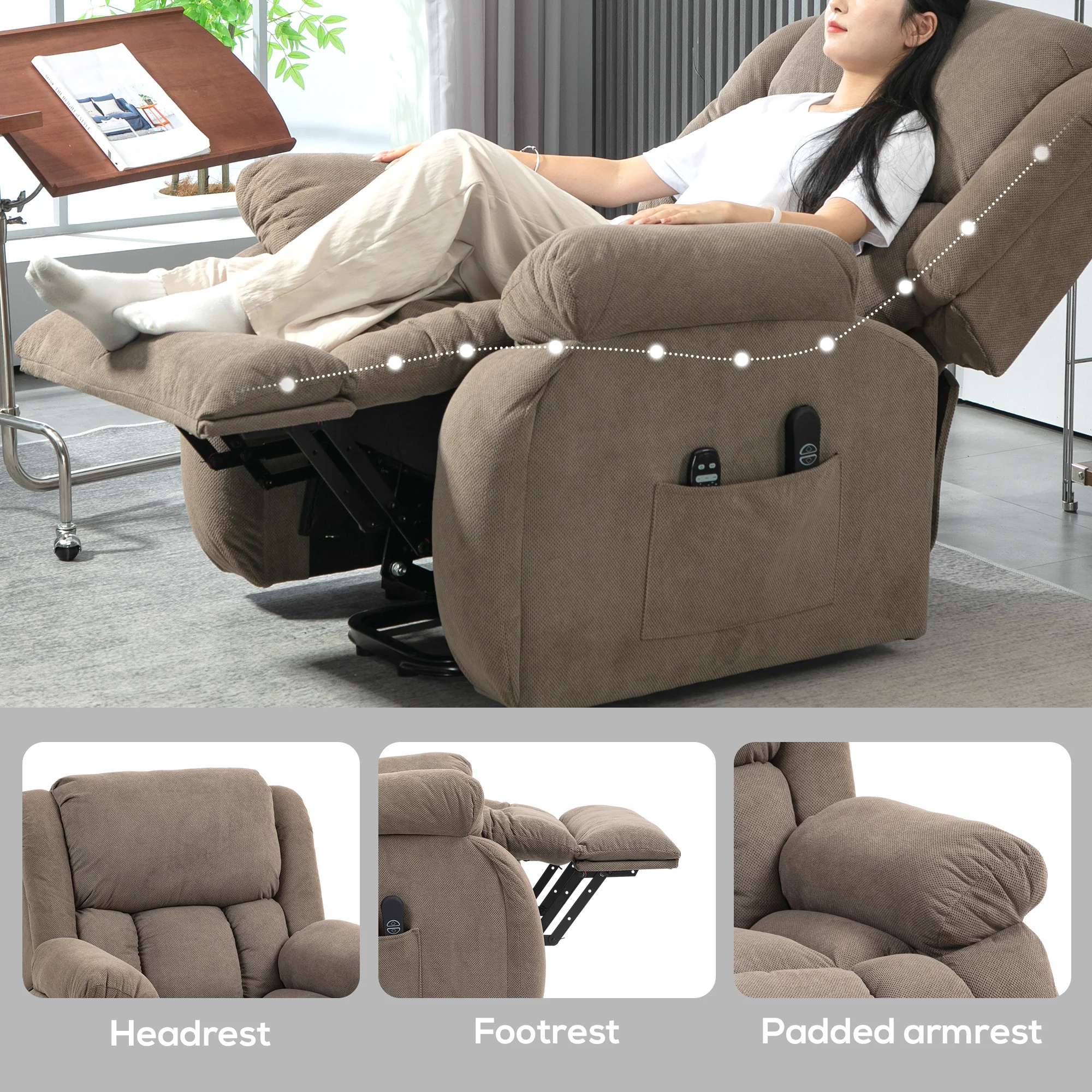 Velvet Electric Lift Recliner with Heat and Massage for Elderly with Wide Seat, Light Brown - Image 11