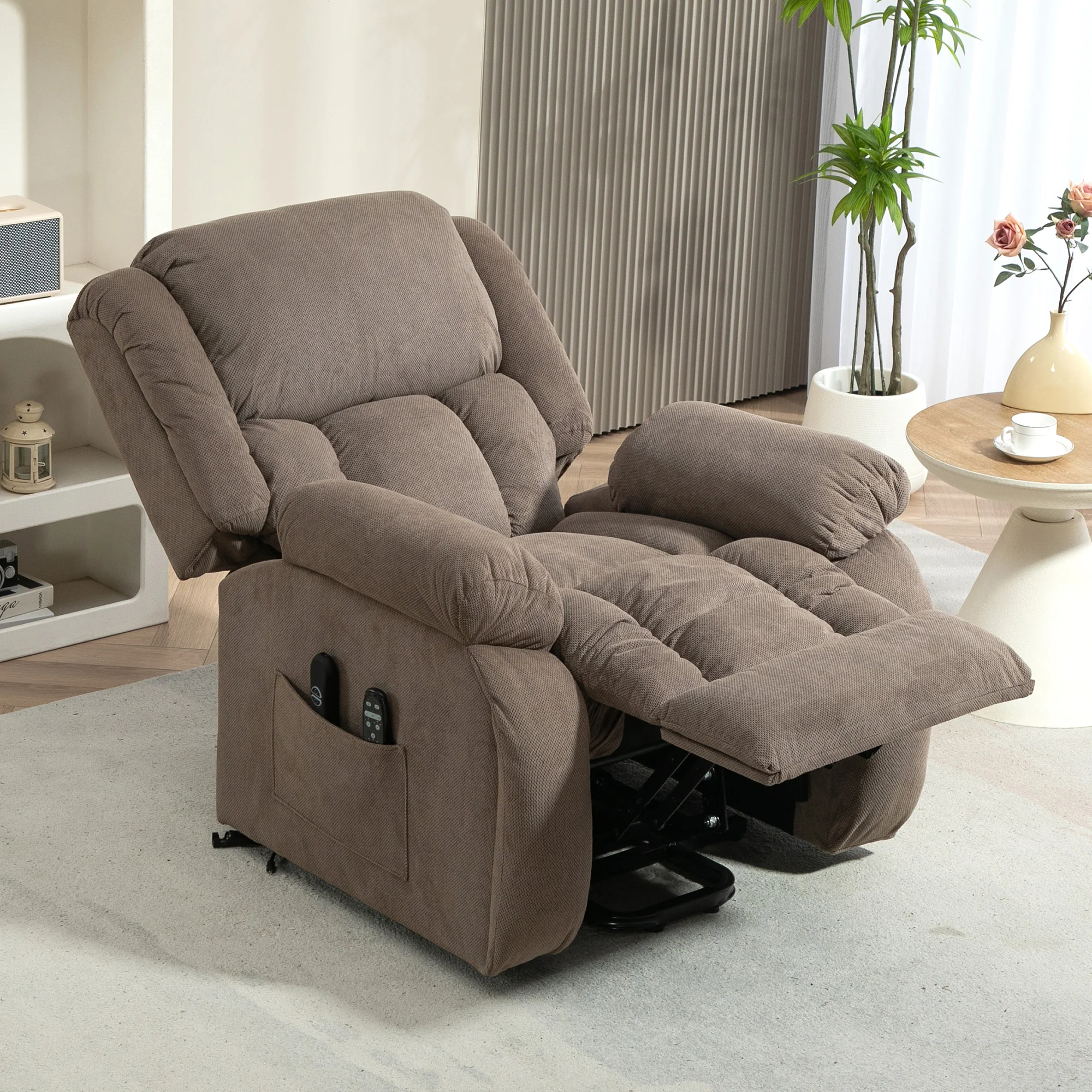 Velvet Electric Lift Recliner with Heat and Massage for Elderly with Wide Seat, Light Brown - Image 4