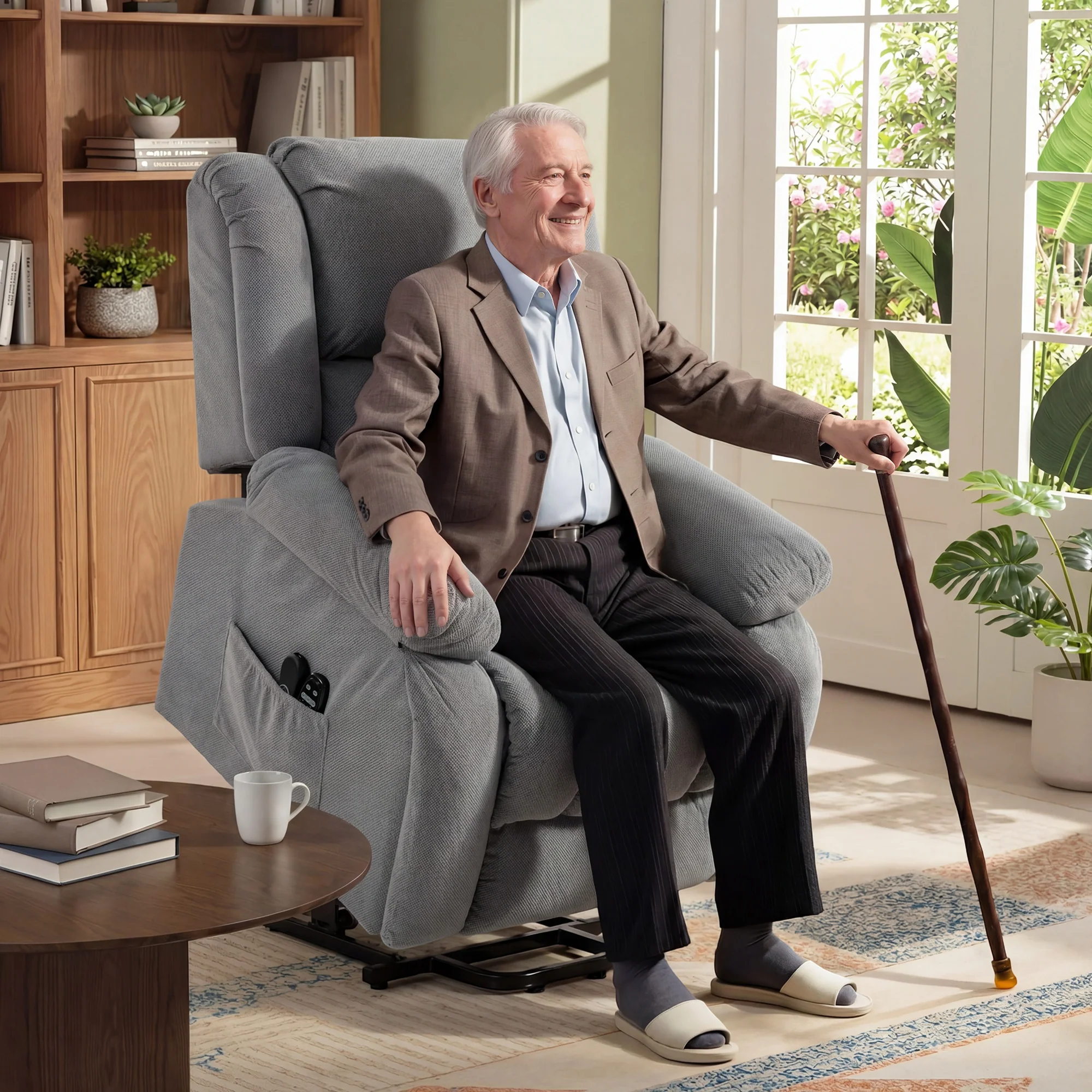 Velvet Electric Lift Recliner with Heat and Massage for Elderly with Wide Seat, Light Grey - Image 3