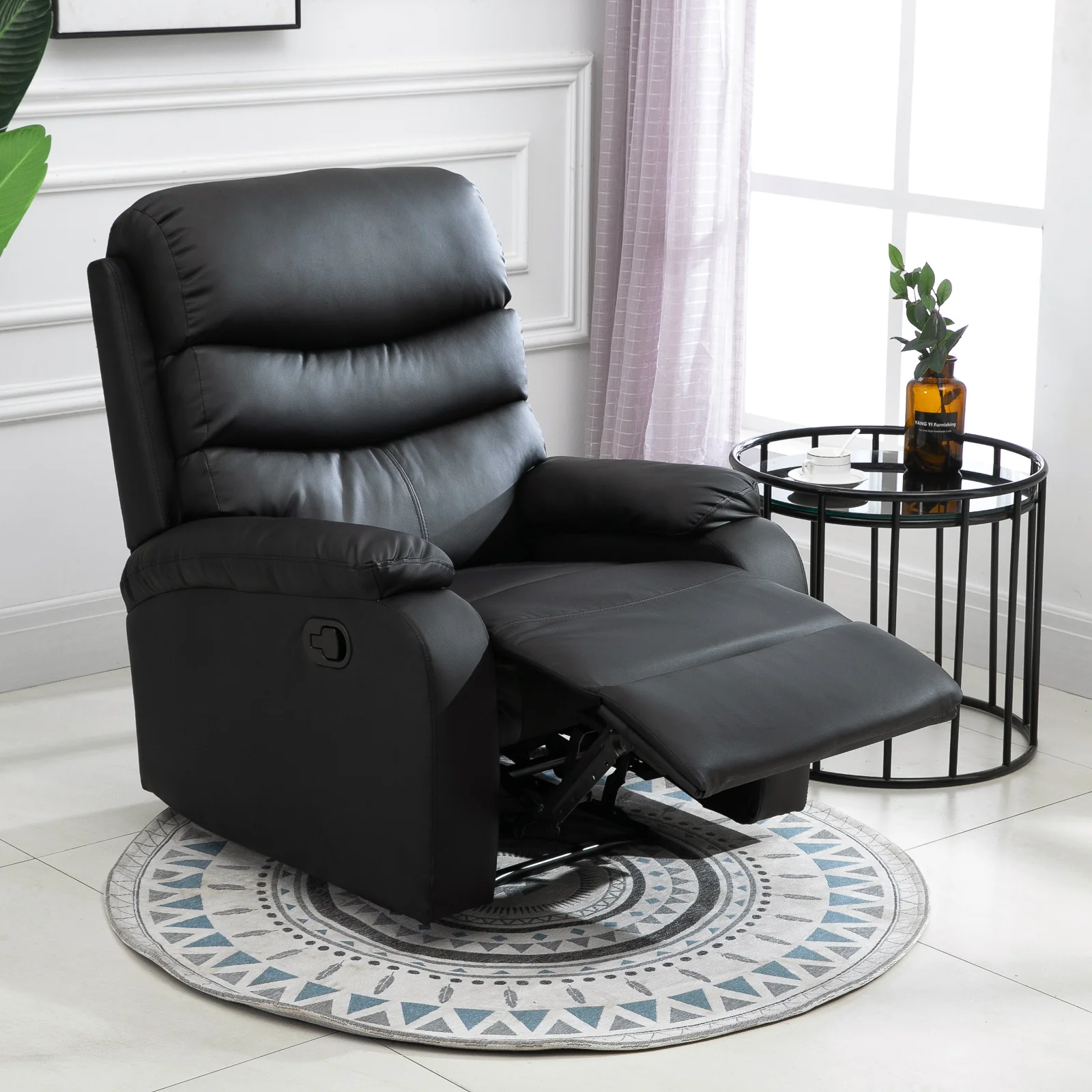 PU Leather Manual Reclining Chair with Adjustable Leg Rest and Backrest, Black - Image 4